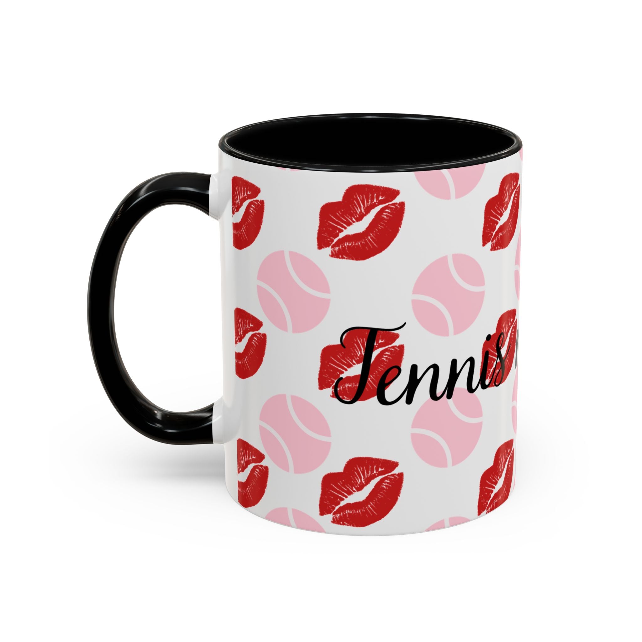 Tennis Kiss Accent Coffee Mug — 'Tennis mi amore' Pink Lip & Ball Pattern (11/15oz)