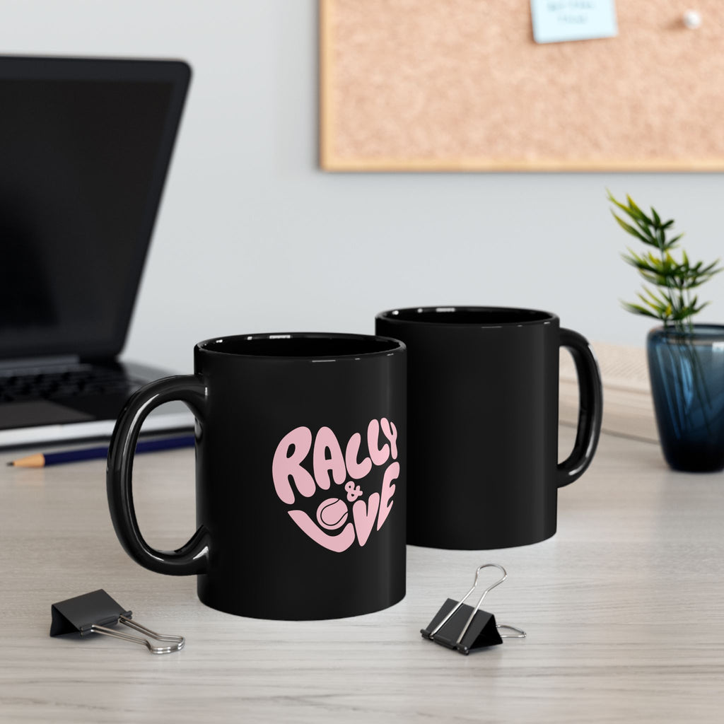 Black Mug (11oz, 15oz) - pink 'Rally & Love' logo