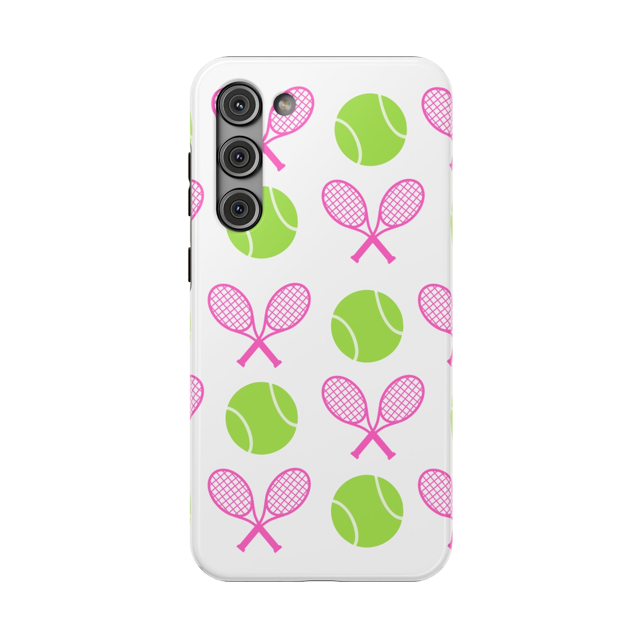 Tennis Pattern Impact-Resistant Phone Case — Pink Rackets & Green Balls