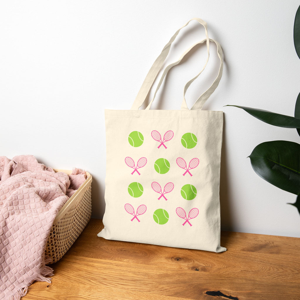 Tote Bag — Pink Tennis Rackets & Green Tennis Balls Canvas Tote