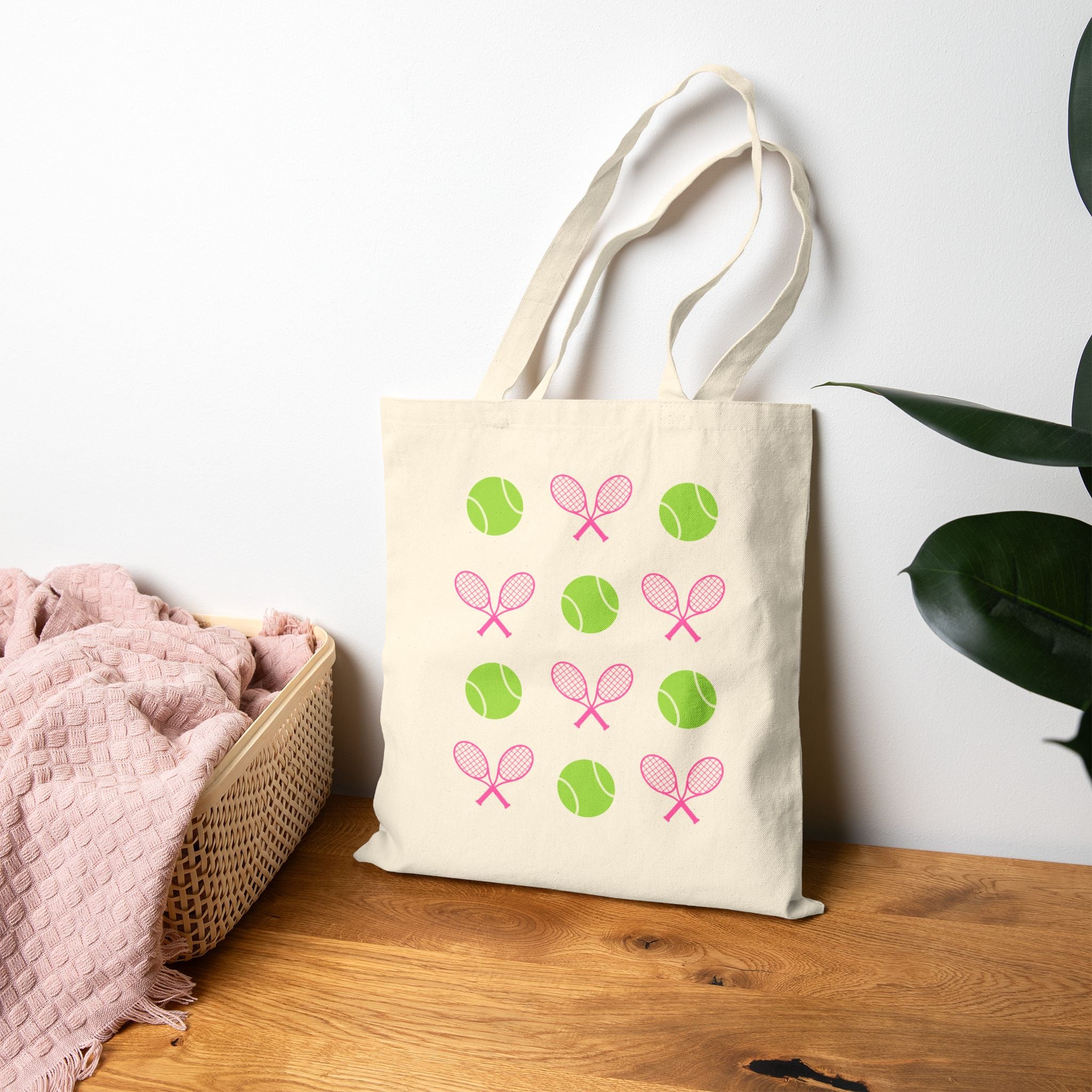 Tote Bag — Pink Tennis Rackets & Green Tennis Balls Canvas Tote