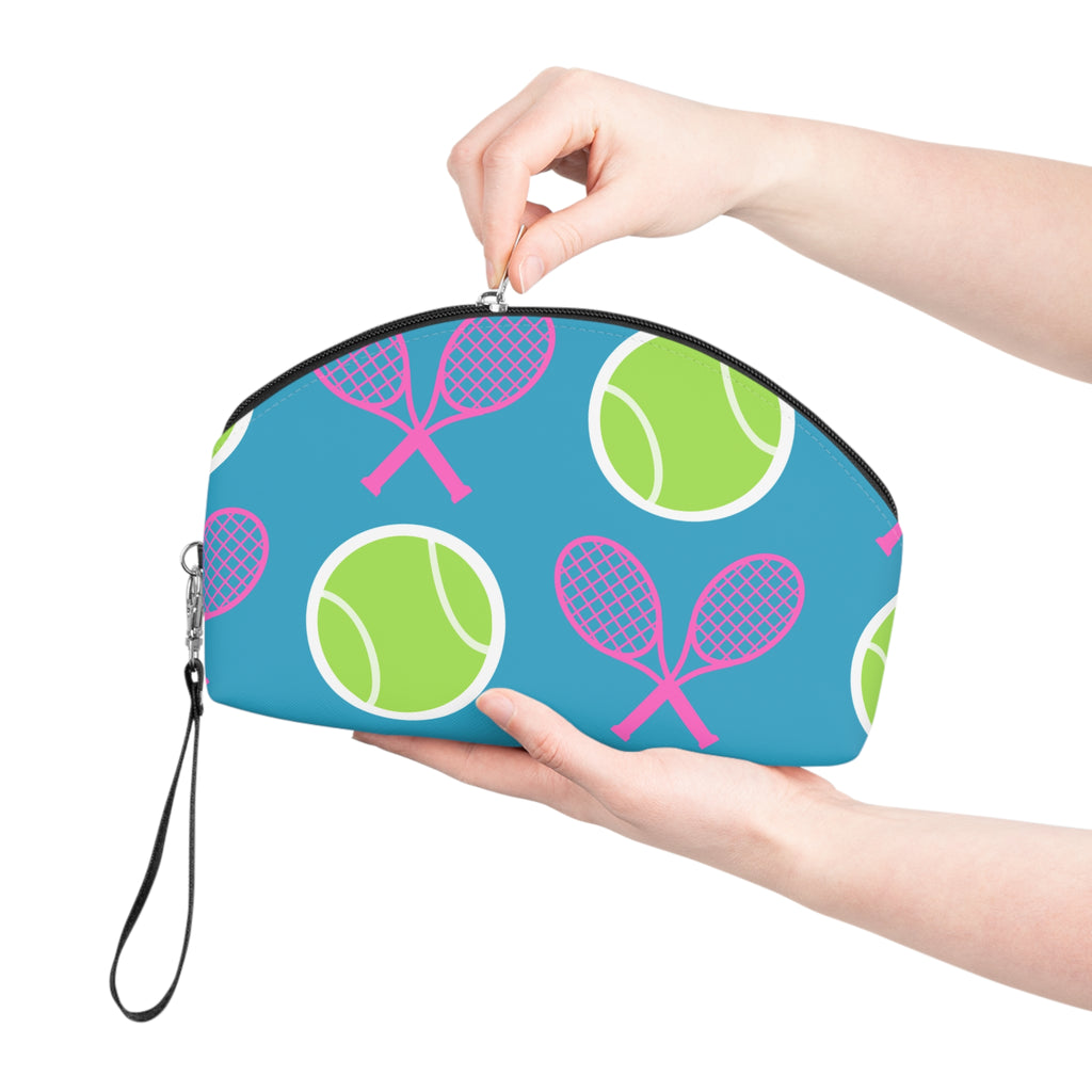 Tennis Makeup Bag — Turquoise/Pink/Yellow Tennis Ball & Racket Cosmetic Pouch for Players