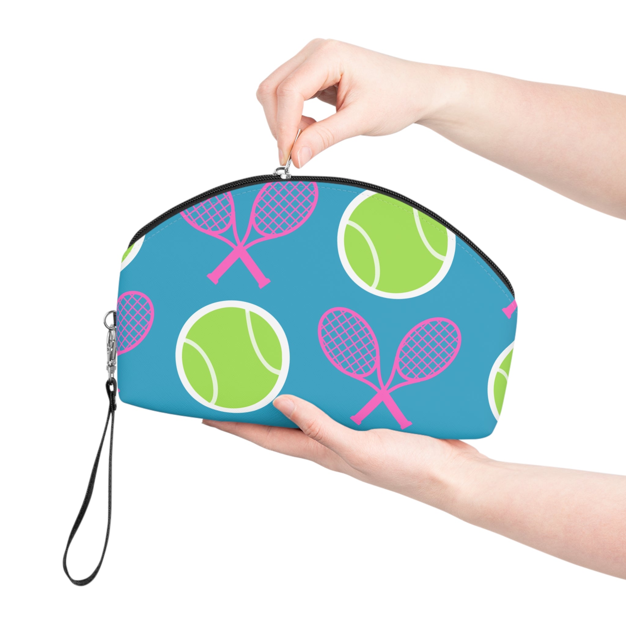 Tennis Makeup Bag — Turquoise/Pink/Yellow Tennis Ball & Racket Cosmetic Pouch for Players