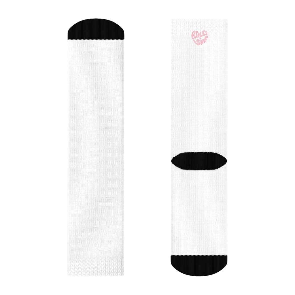Women's Socks — White/'Rally & Love' Pink Heart Graphic Cotton Crew Socks