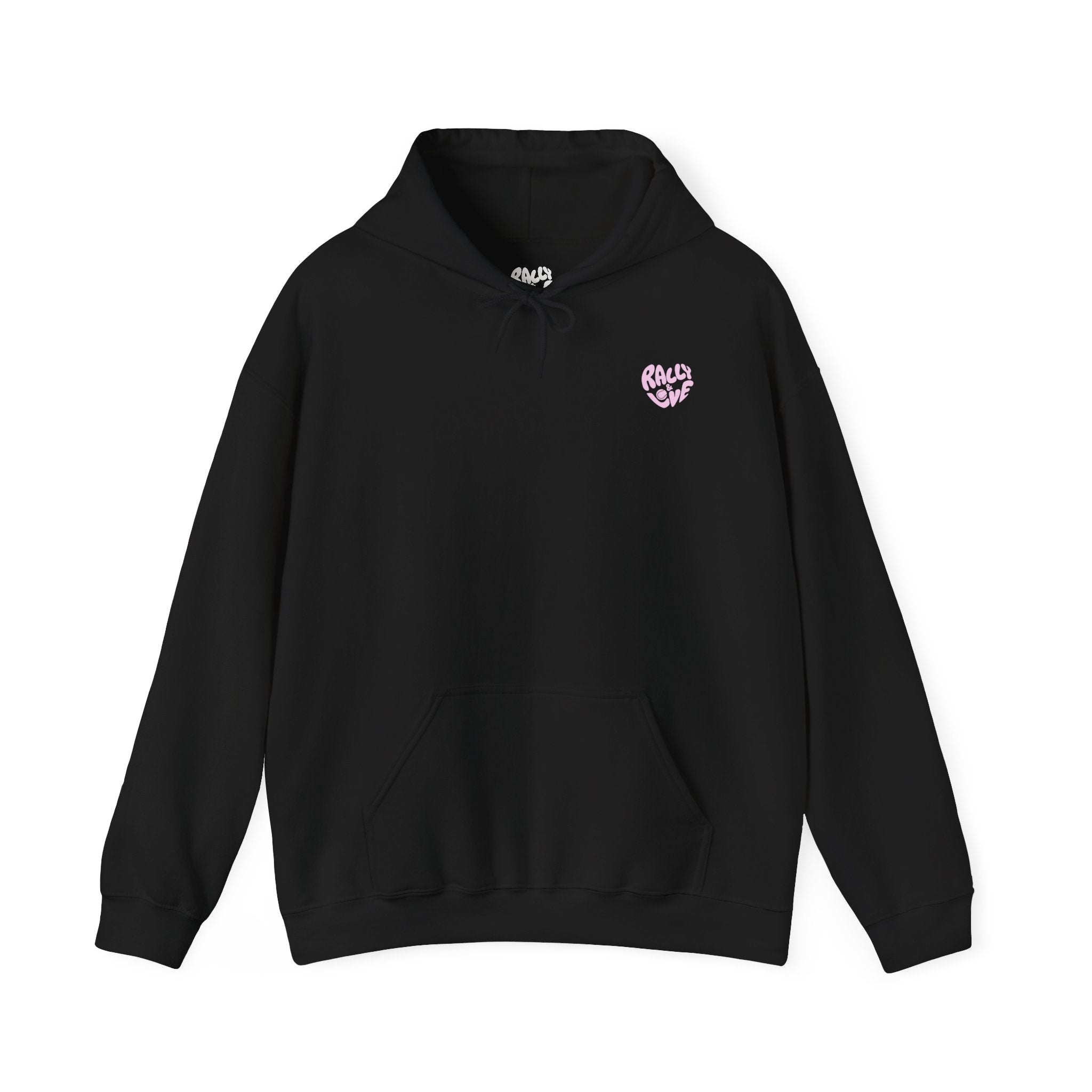 Men's Hoodie sweatshirt — 'Rally & Love' Pink logo, Minimalist Chest (Real men wear pink)