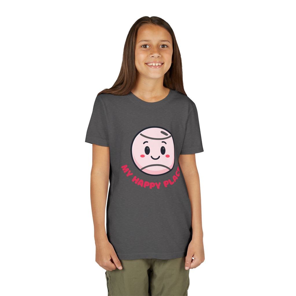 Girl's Junior Tee — Cute Smiling Tennis Ball "My Happy Place" Kids Shirt