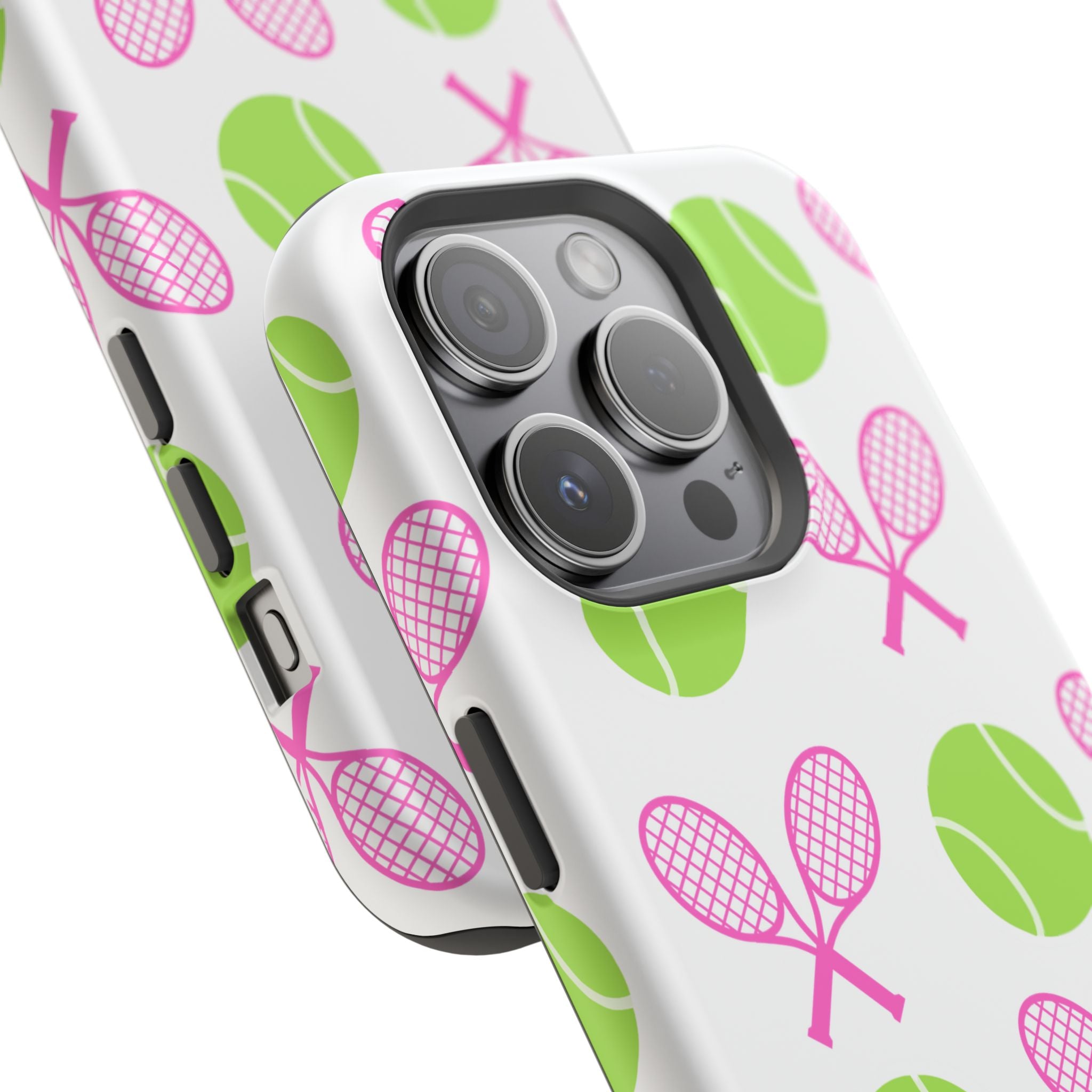 Tennis Pattern Impact-Resistant Phone Case — Pink Rackets & Green Balls