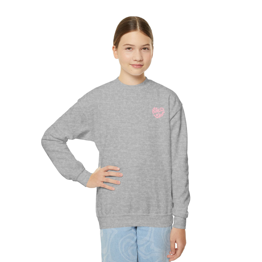 Girls Junior Tennis Crewneck Sweatshirt — 'Rally & Love' logo (bubblegum pink)