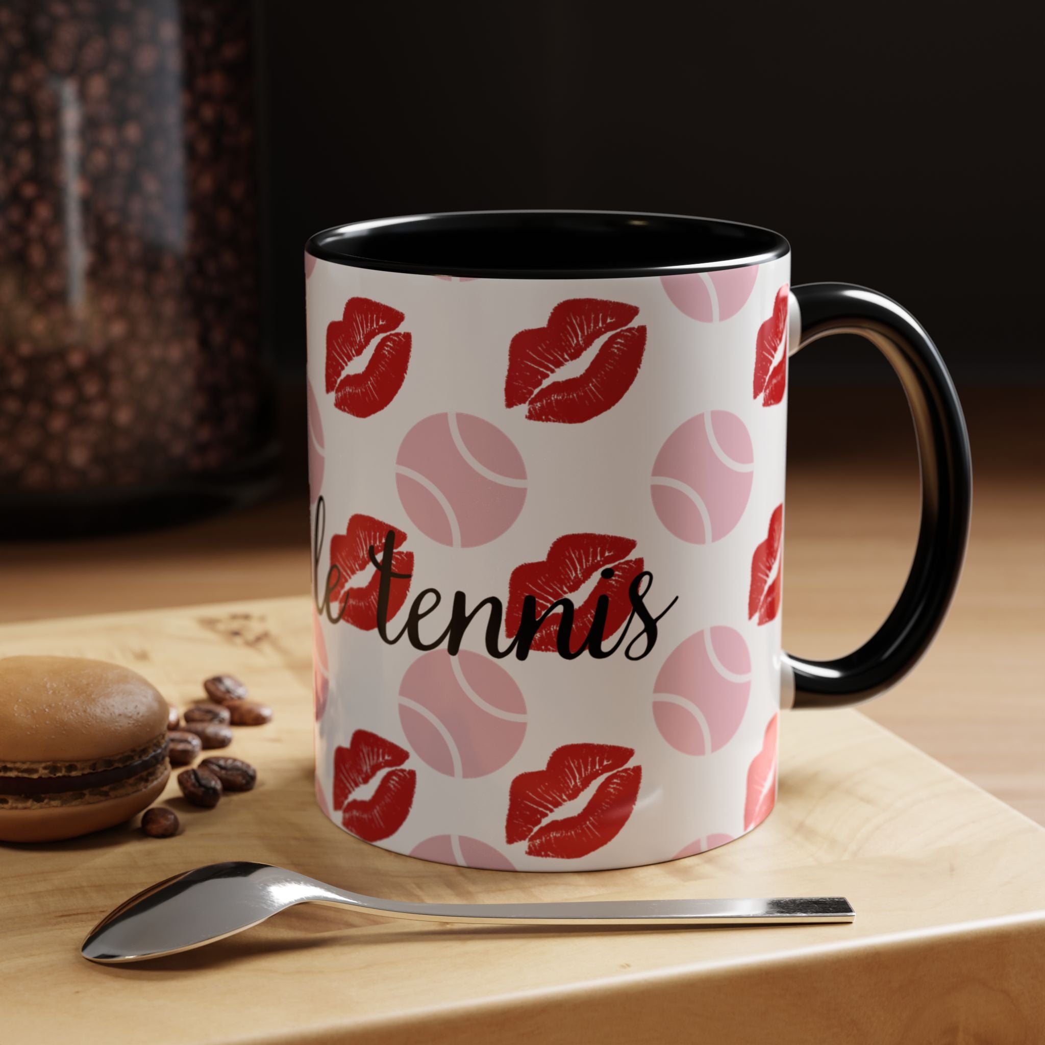 Tennis Kiss Accent Coffee Mug — 'Adore Le Tennis' Pink Balls & Red Lip Pattern (11/15 oz)
