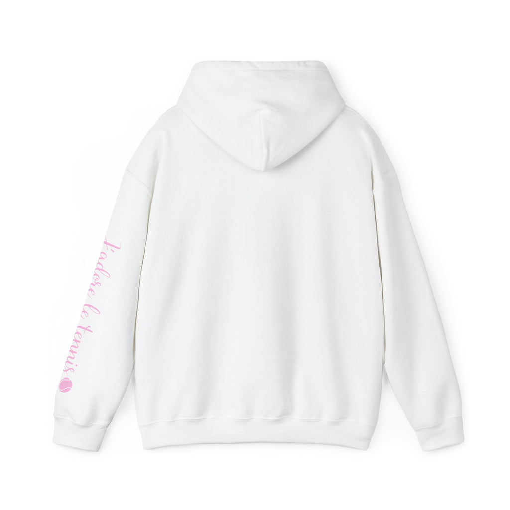 Women's Hoodie sweatshirt — "J'adore le tennis" Tennis Ball Sleeve Design (bubblegum pink)