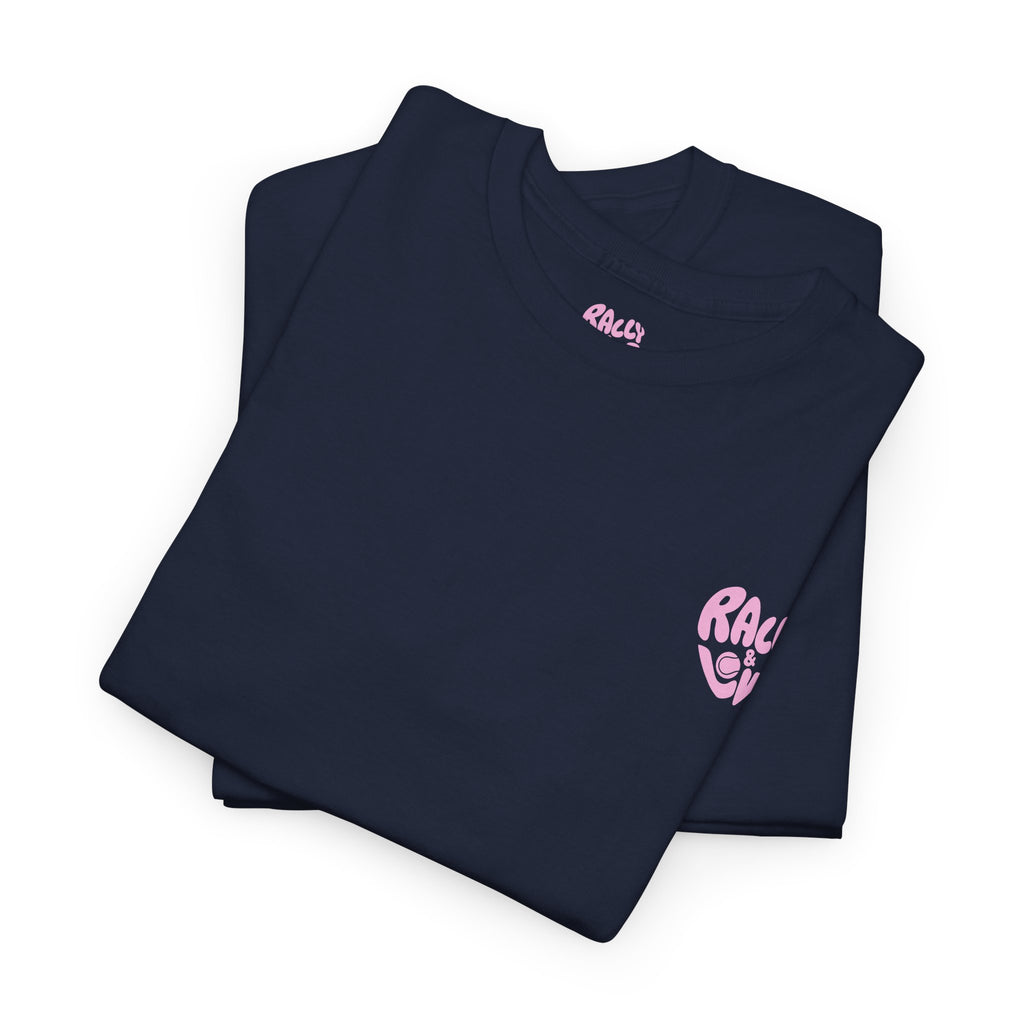 Women's Tee - Minimalist "Rally & Love" logo Chest Print (bubblegum pink)