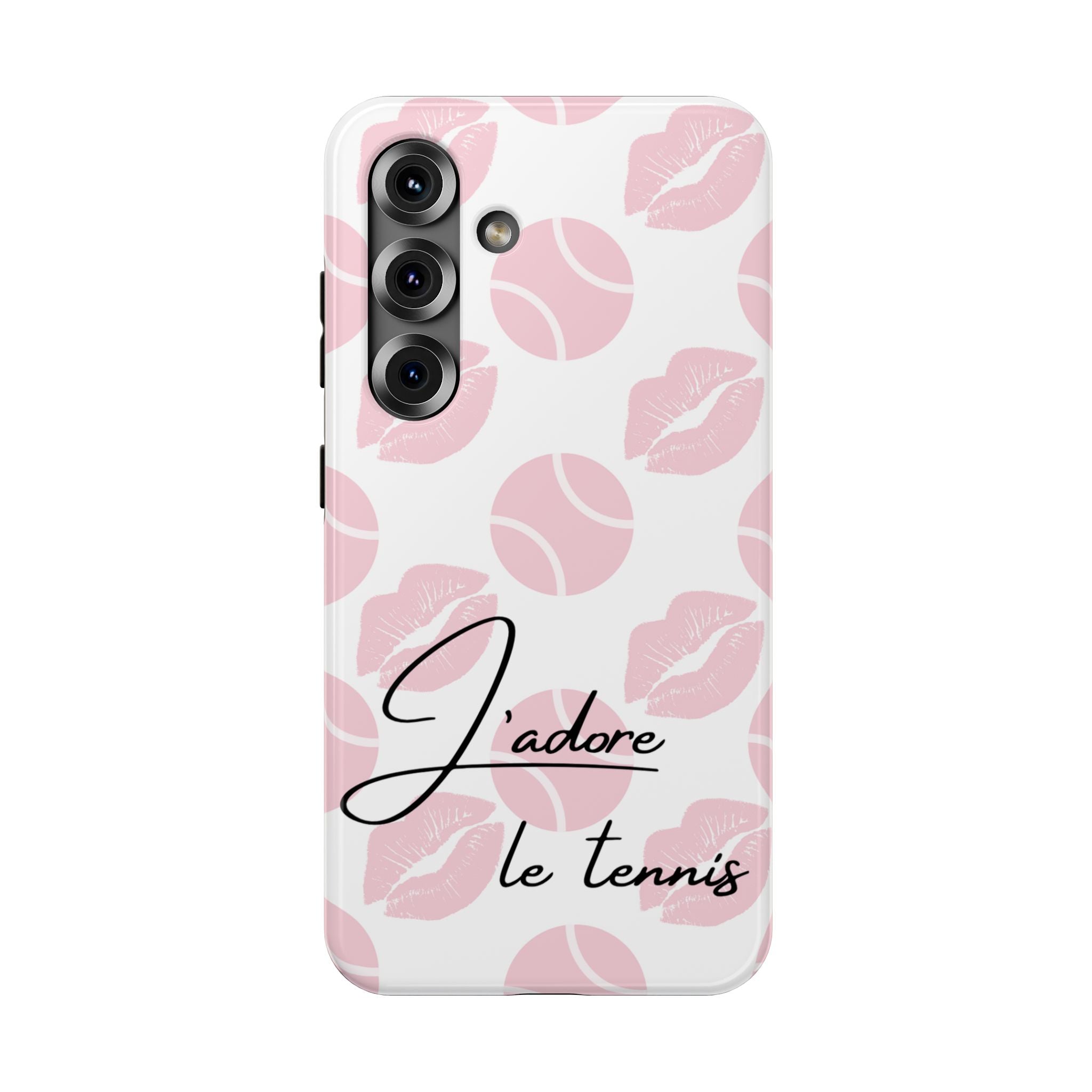 Impact-Resistant Phone Case - 'J'adore le tennis', pink tennis balls/lips