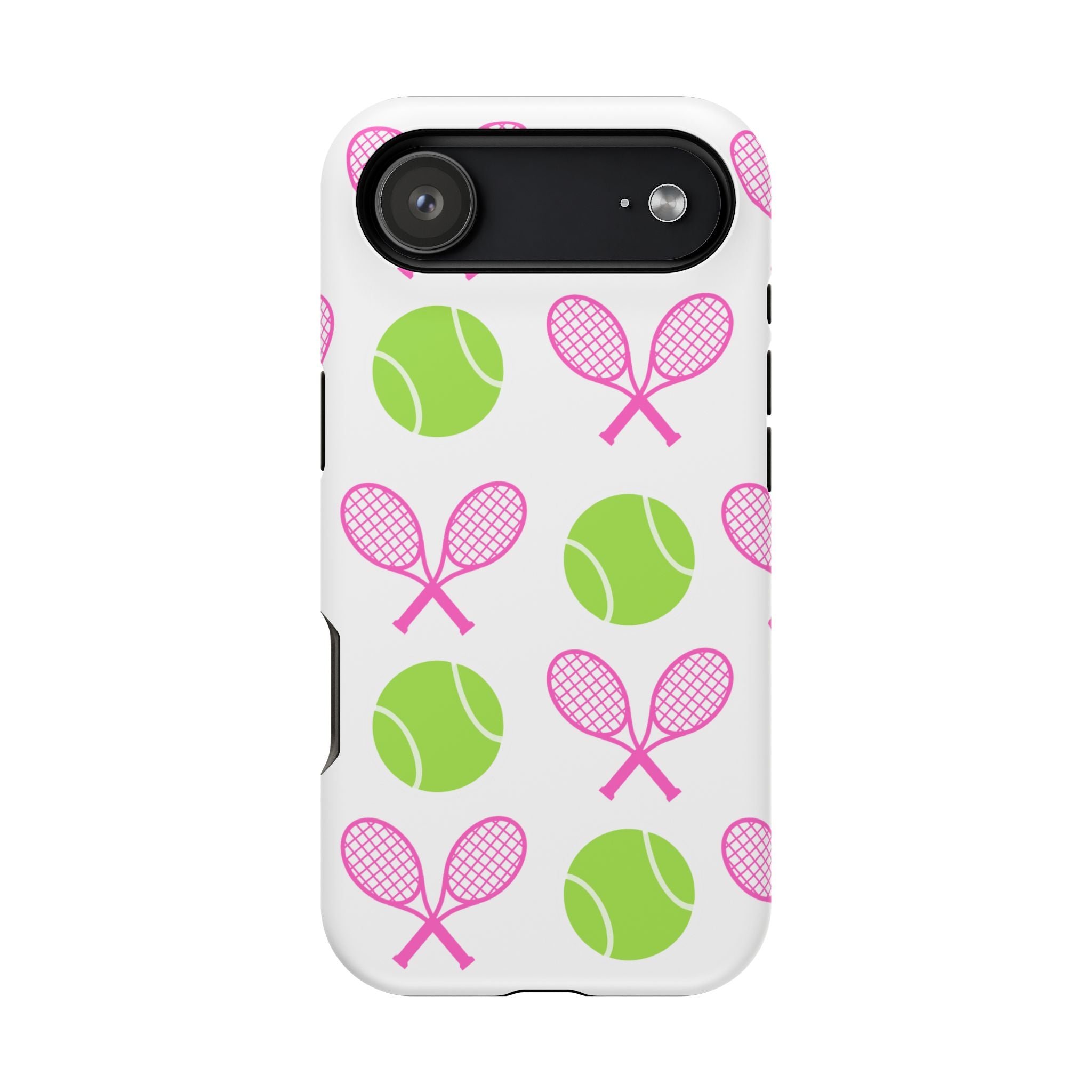 Tennis Pattern Impact-Resistant Phone Case — Pink Rackets & Green Balls