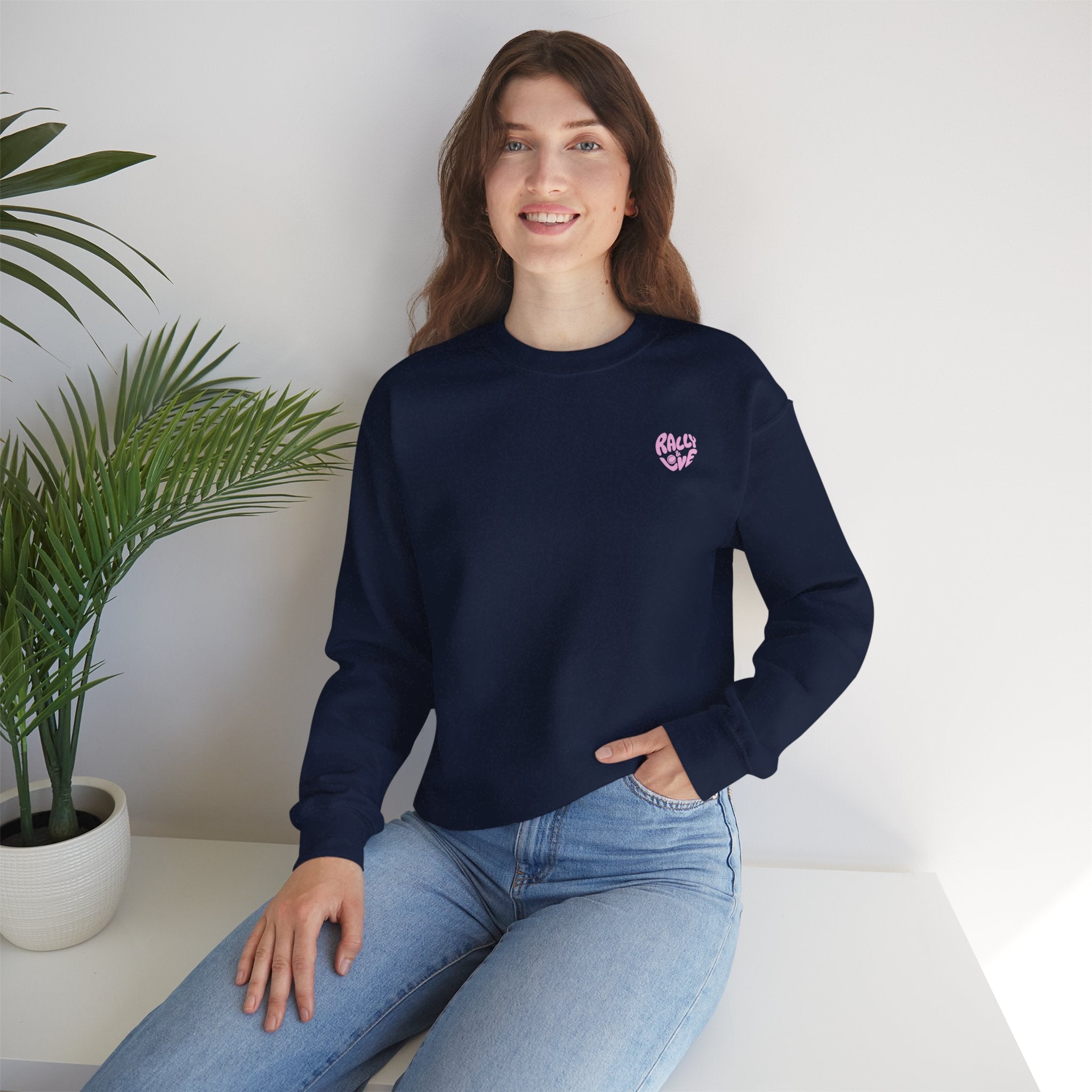 Women's Crewneck Sweatshirt — "Rally & Love" logo Chest Sweatshirt (bubblegum pink)