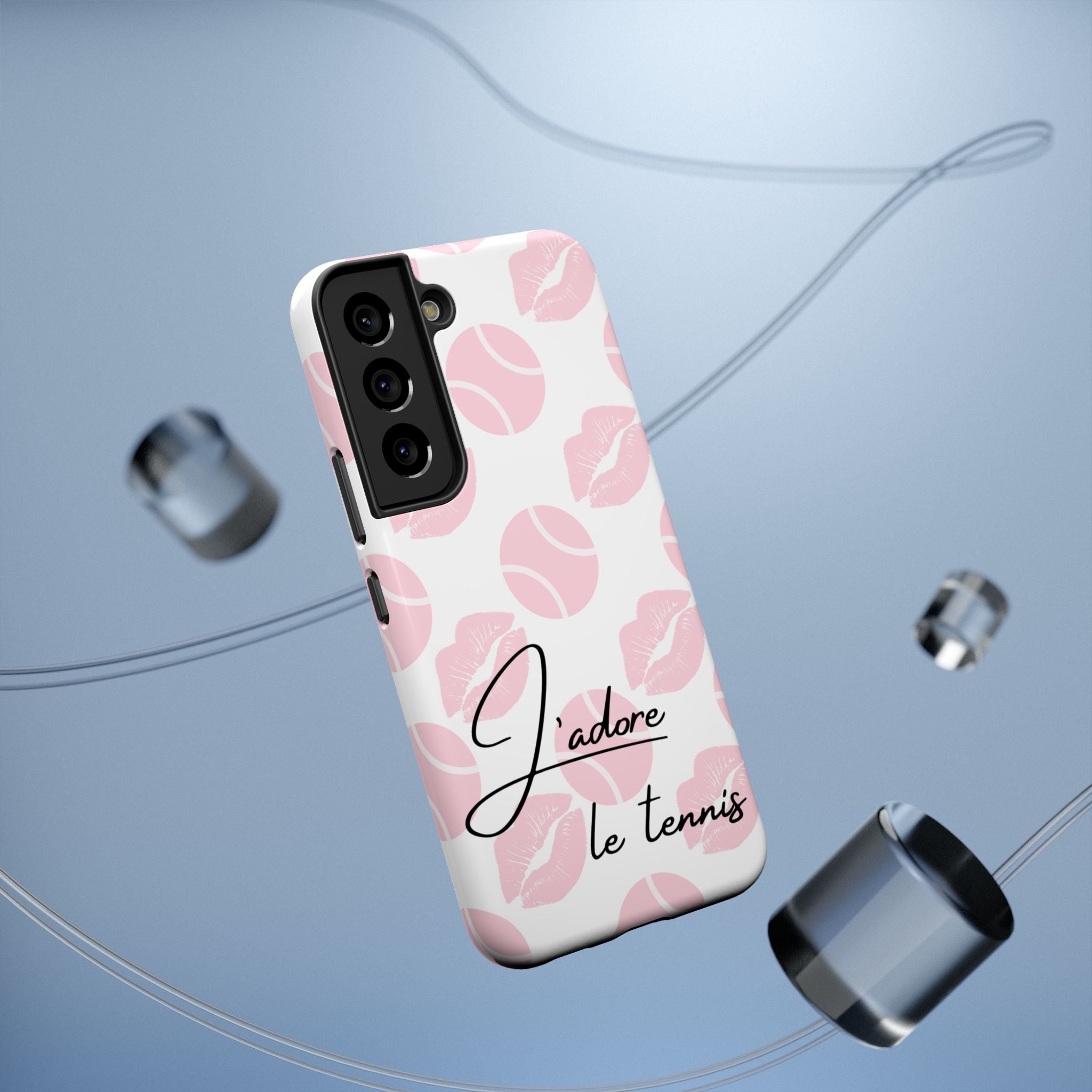 Impact-Resistant Phone Case - 'J'adore le tennis', pink tennis balls/lips