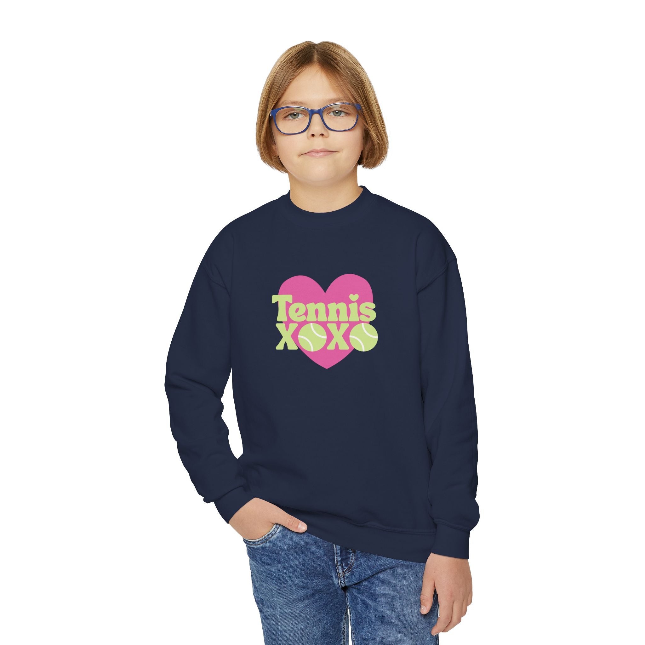 Girl Junior's Crewneck Sweatshirt — Pink Heart “Tennis XOXO” Graphic sweatshirt