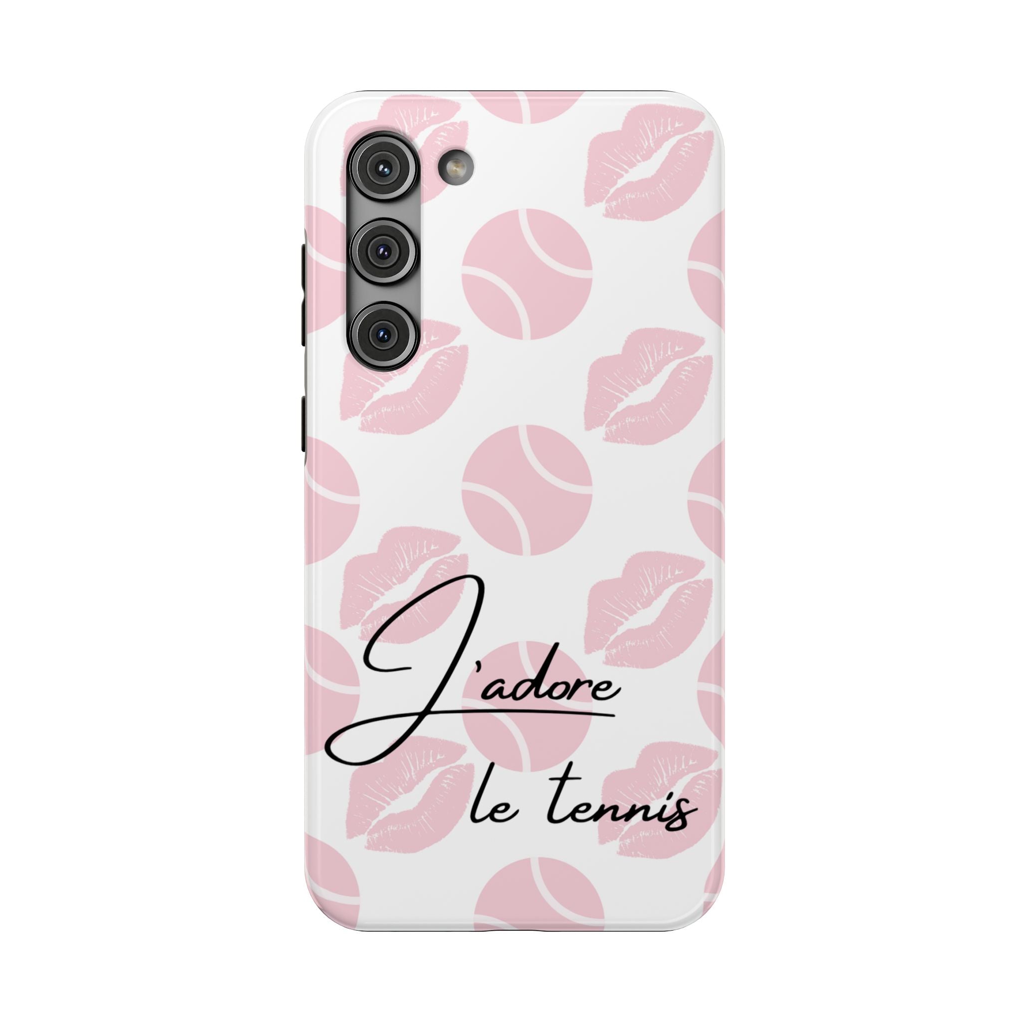 Impact-Resistant Phone Case - 'J'adore le tennis', pink tennis balls/lips