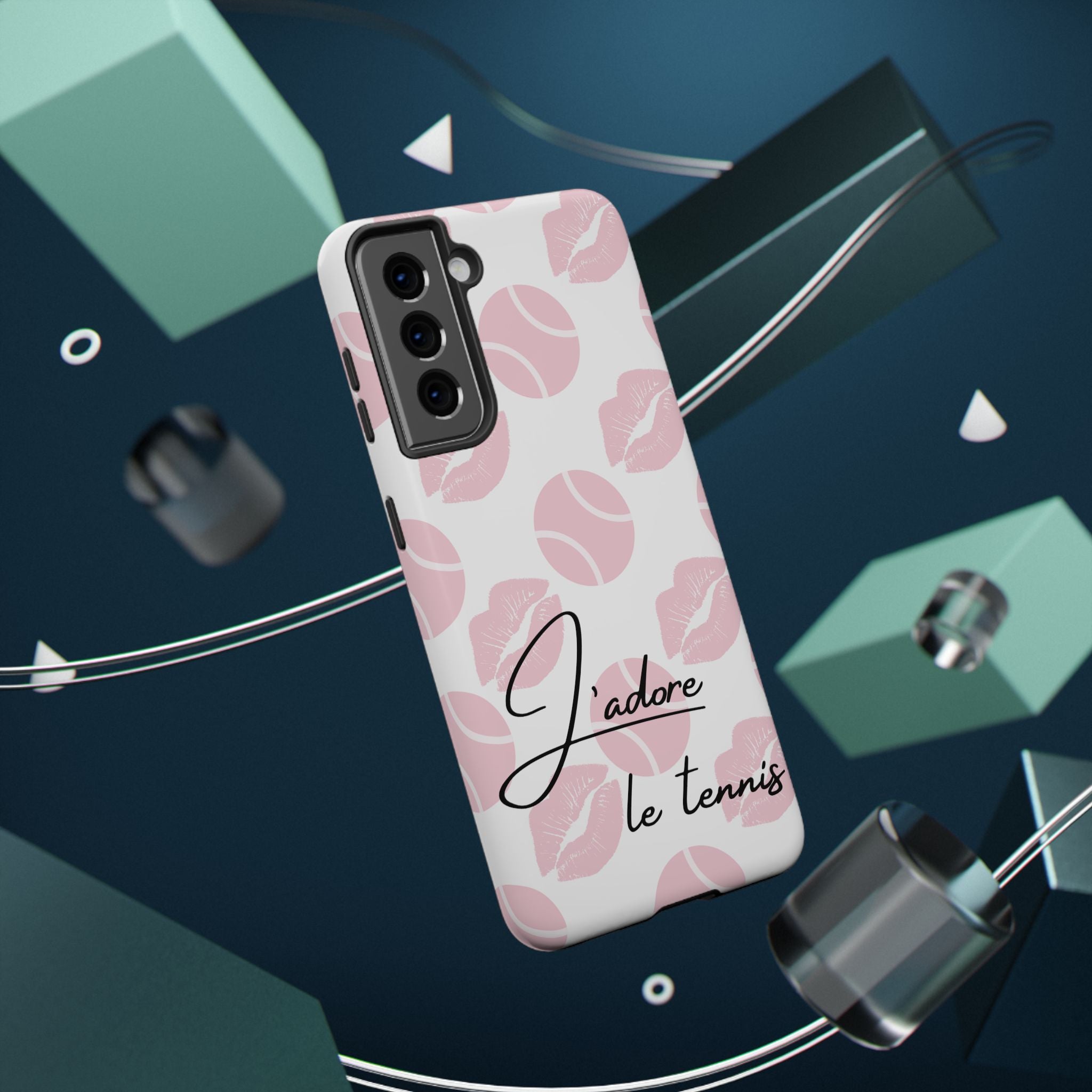 Impact-Resistant Phone Case - 'J'adore le tennis', pink tennis balls/lips