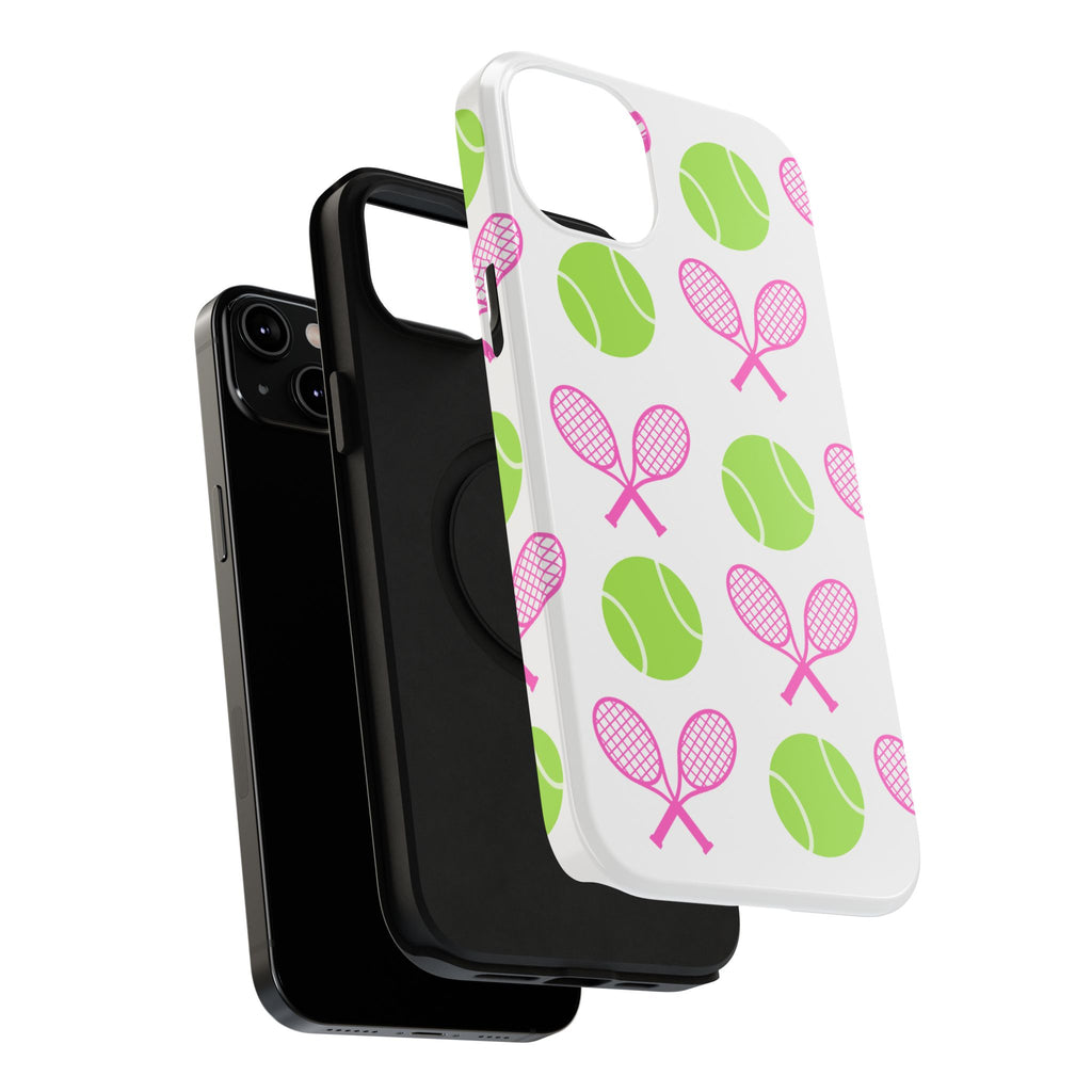 Tennis Pattern Impact-Resistant Phone Case — Pink Rackets & Green Balls