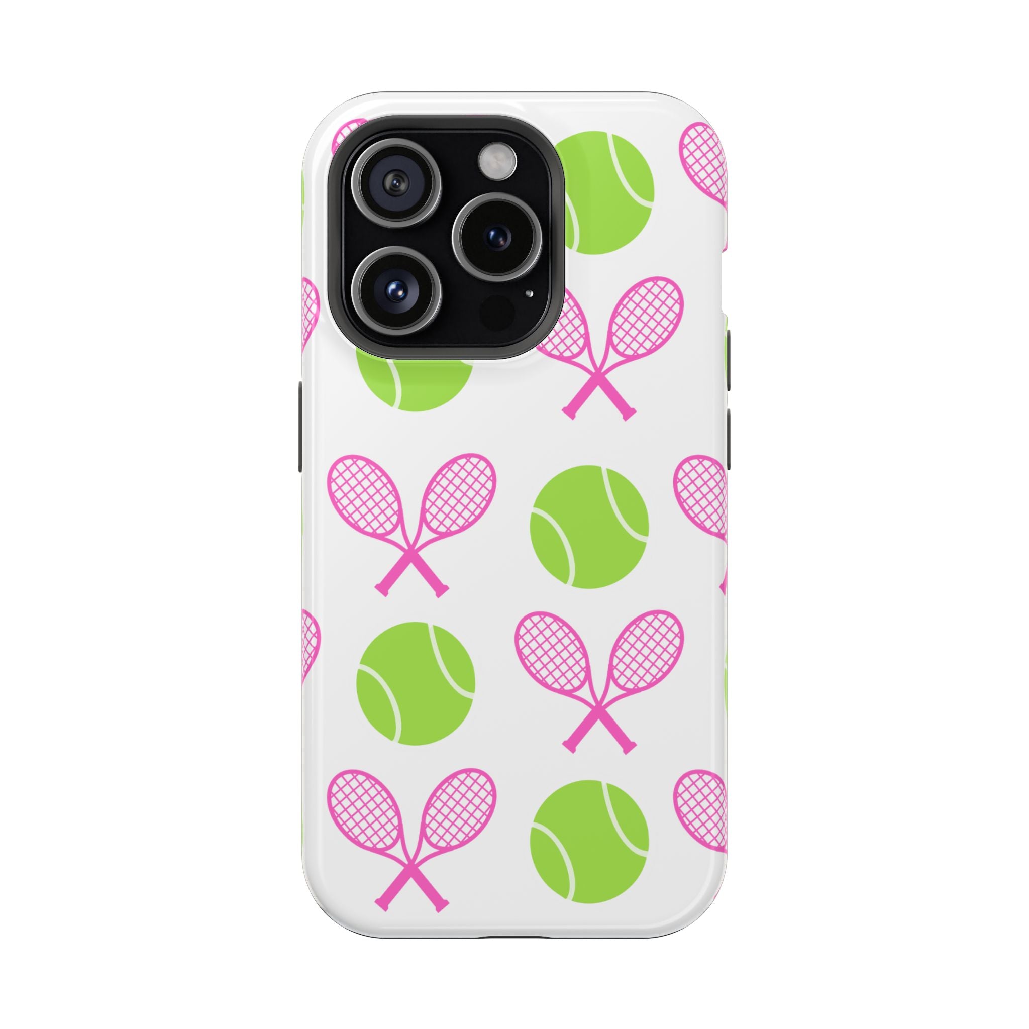Tennis Pattern Impact-Resistant Phone Case — Pink Rackets & Green Balls