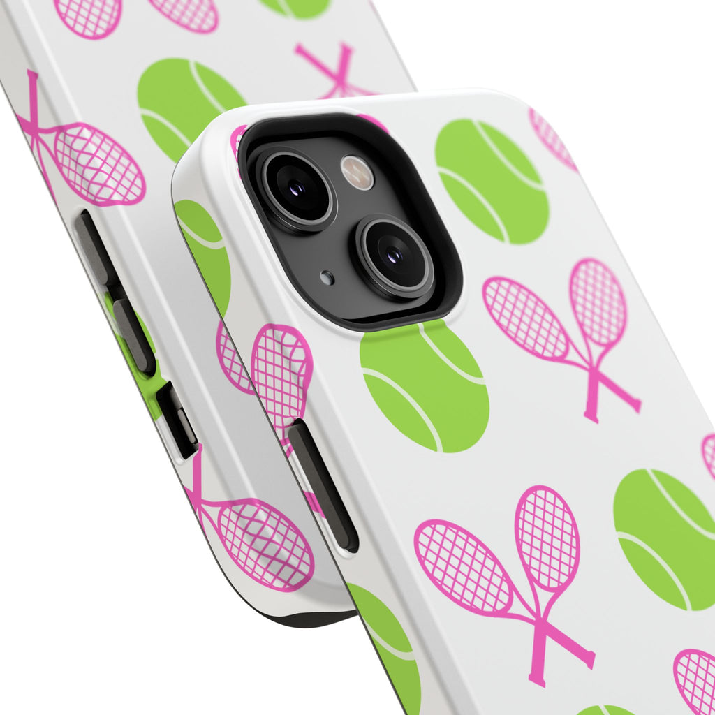Tennis Pattern Impact-Resistant Phone Case — Pink Rackets & Green Balls