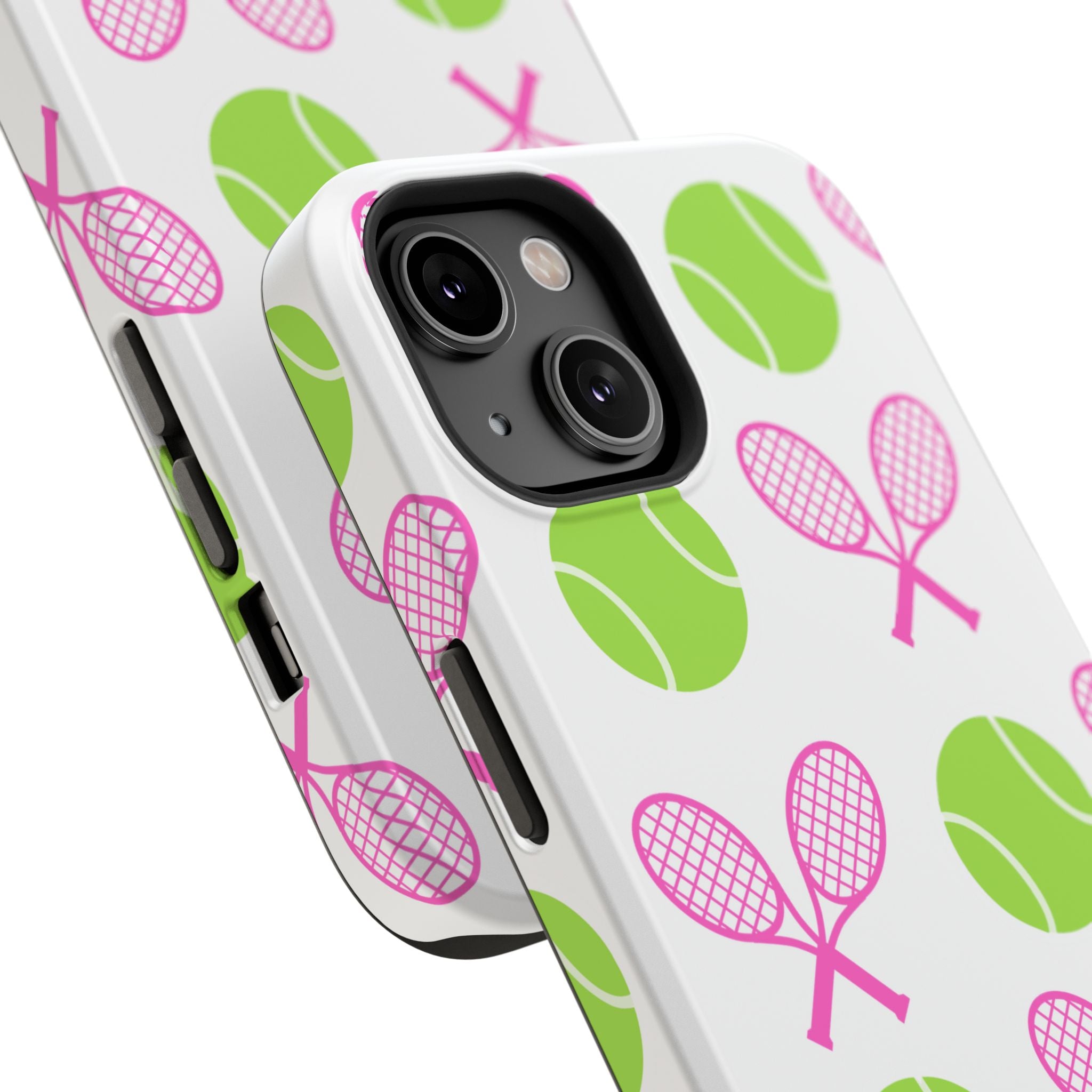 Tennis Pattern Impact-Resistant Phone Case — Pink Rackets & Green Balls