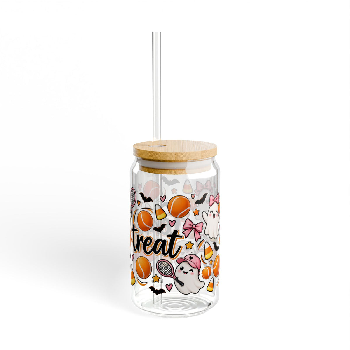 Halloween Tennis Sipper Glass, 16oz — 'Tennis-or-Treat' Cute Ghosts & Candy Corn