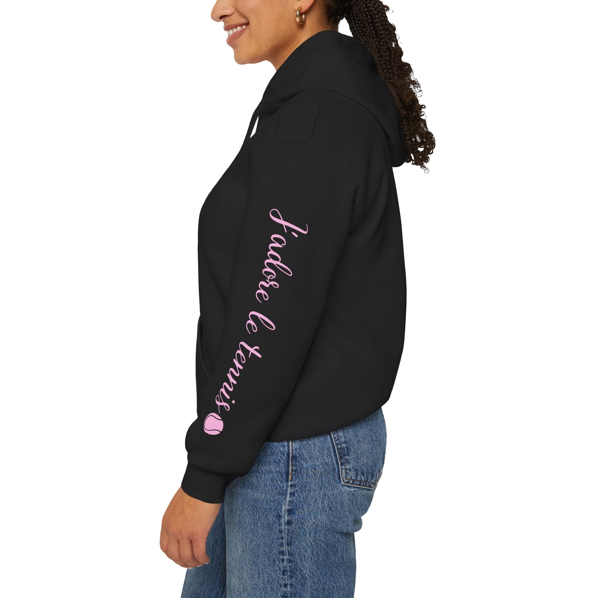 Women's Hoodie sweatshirt — "J'adore le tennis" Tennis Ball Sleeve Design (bubblegum pink)