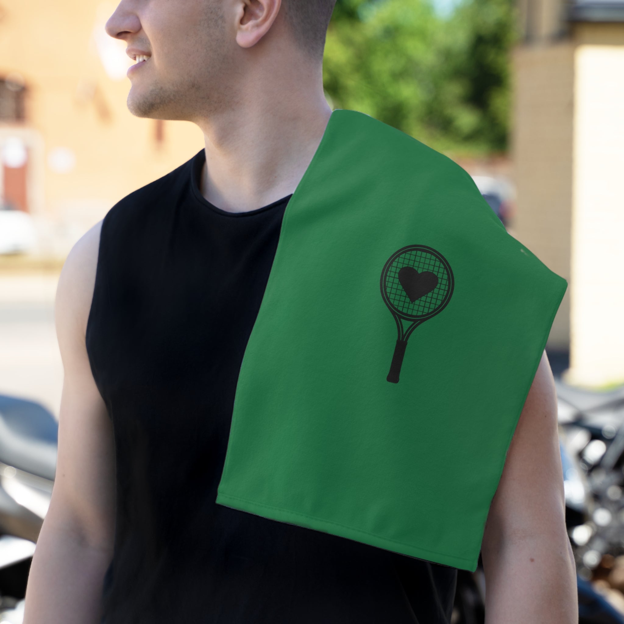 Rally Towel, 11x18 - Green/black, racket with heart