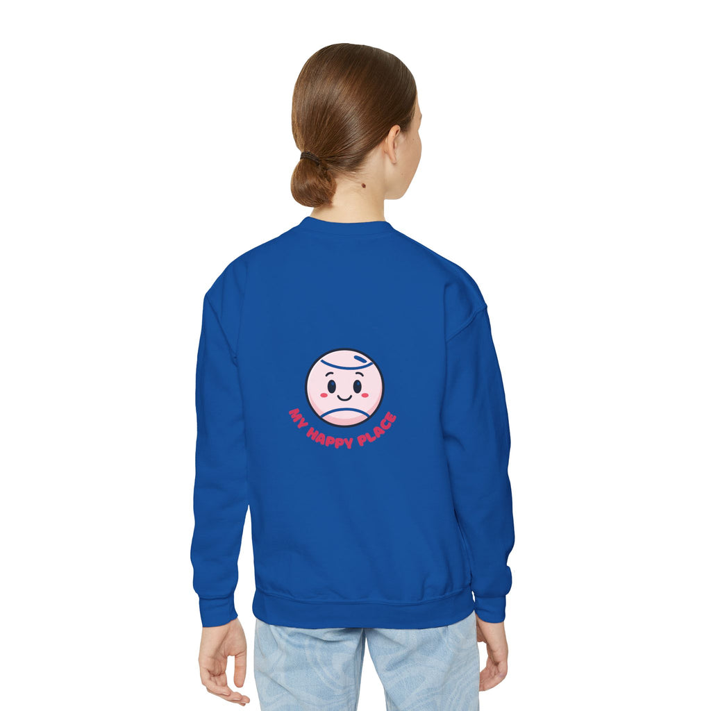 Girl's Junior Crewneck Sweatshirt — Cute Smiling Tennis Ball "My Happy Place" Kids Shirt