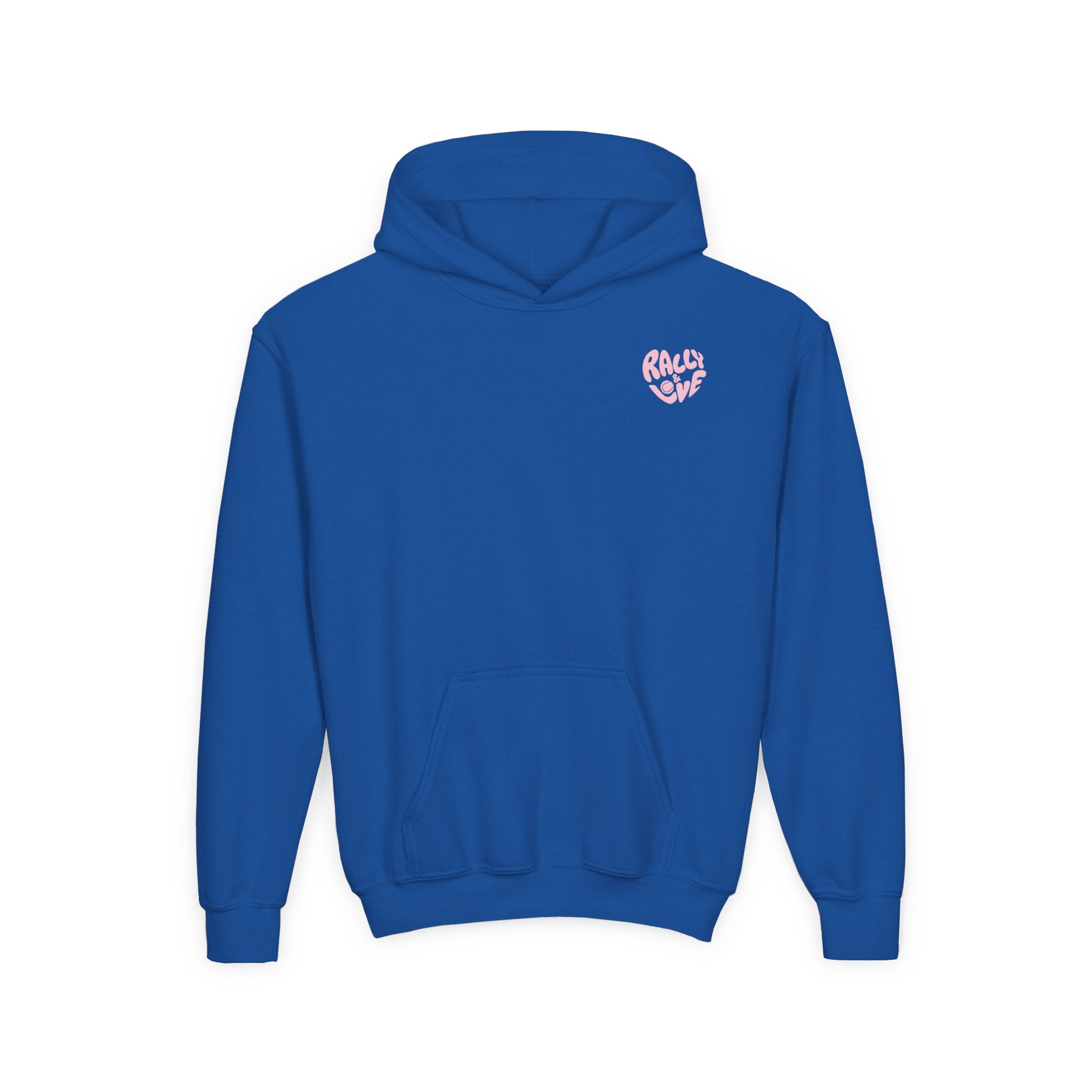 Girl's Junior Hoodie sweatshirt — "Rally & Love" Heart Chest Tennis Graphic Sweatshirt (Pink logo)
