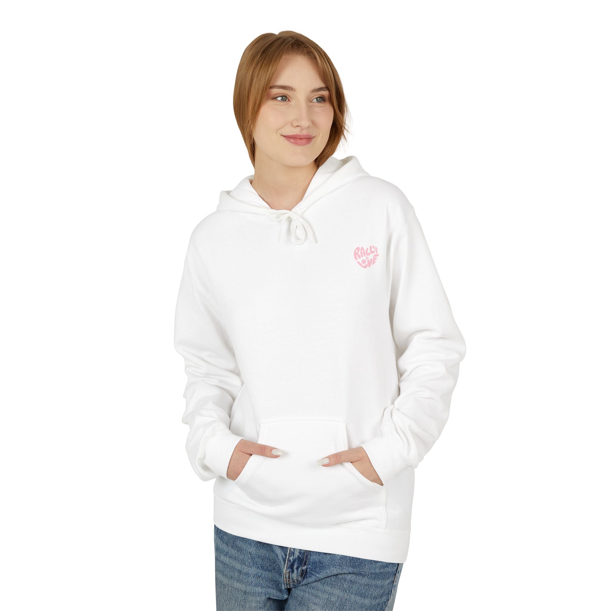 Women's Softstyle Fleece Hoodie sweatshirt - 'Rally & Love' logo, minimalist (pink)