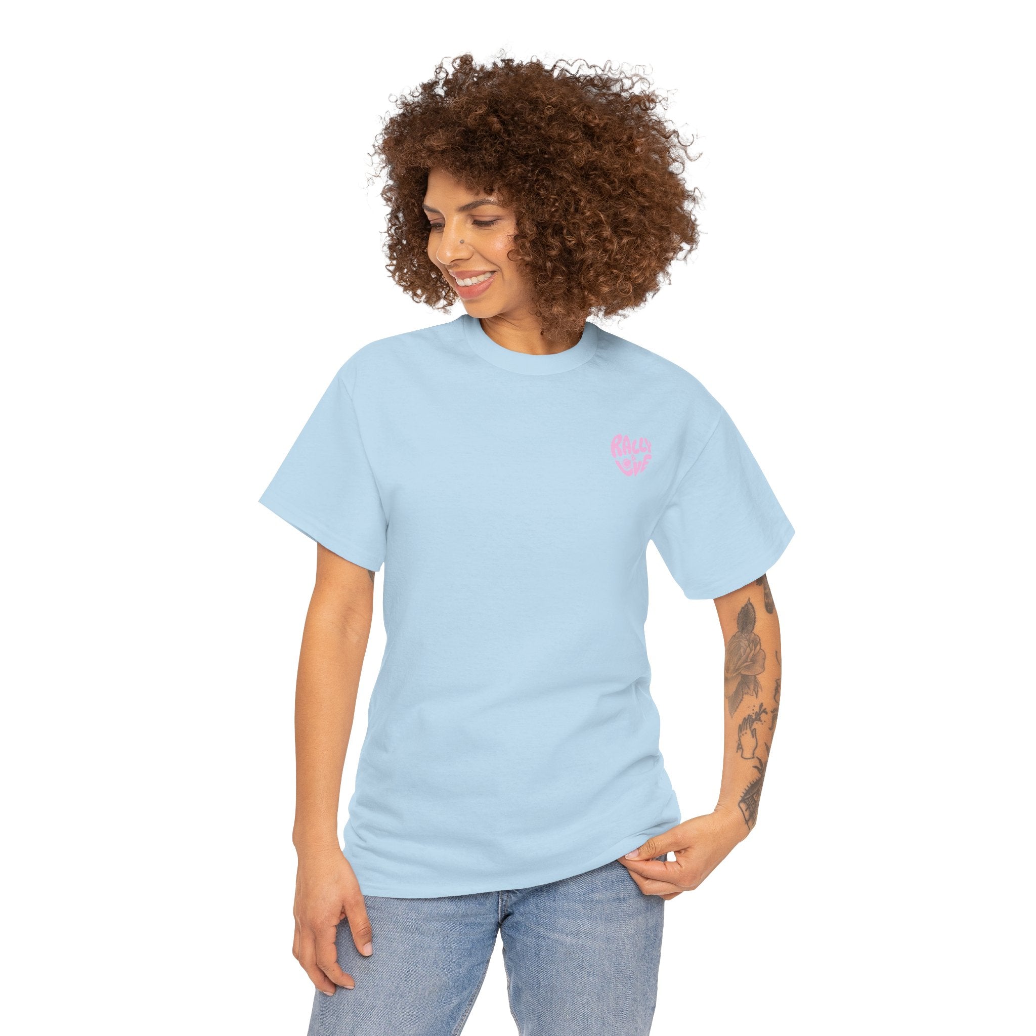 Women's Tee - Minimalist "Rally & Love" logo Chest Print (bubblegum pink)