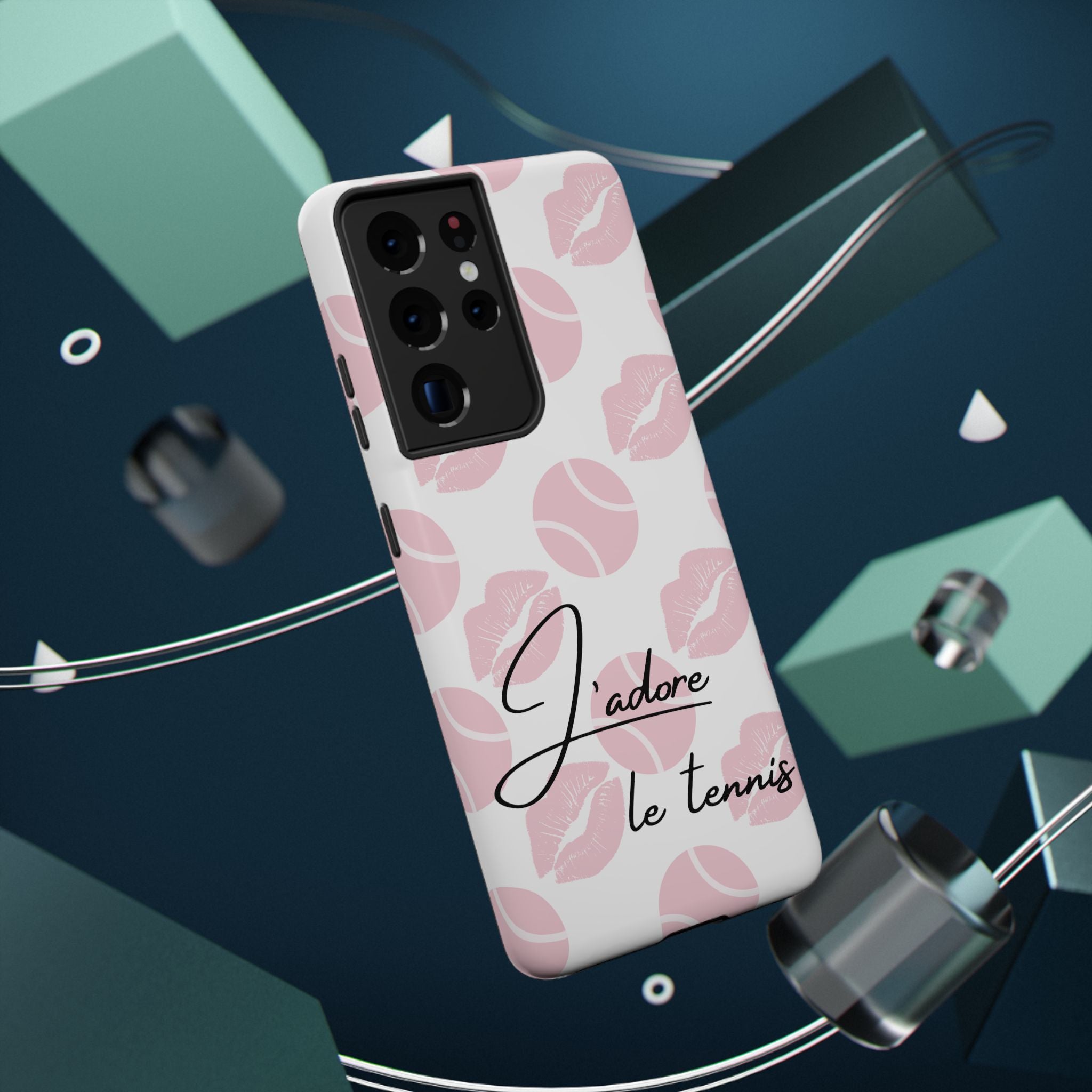 Impact-Resistant Phone Case - 'J'adore le tennis', pink tennis balls/lips