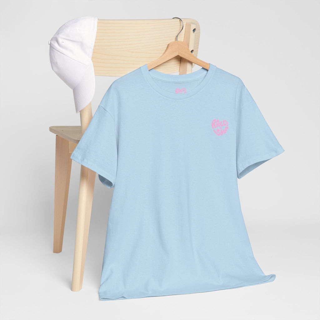 Women's Tee - Minimalist "Rally & Love" logo Chest Print (bubblegum pink)