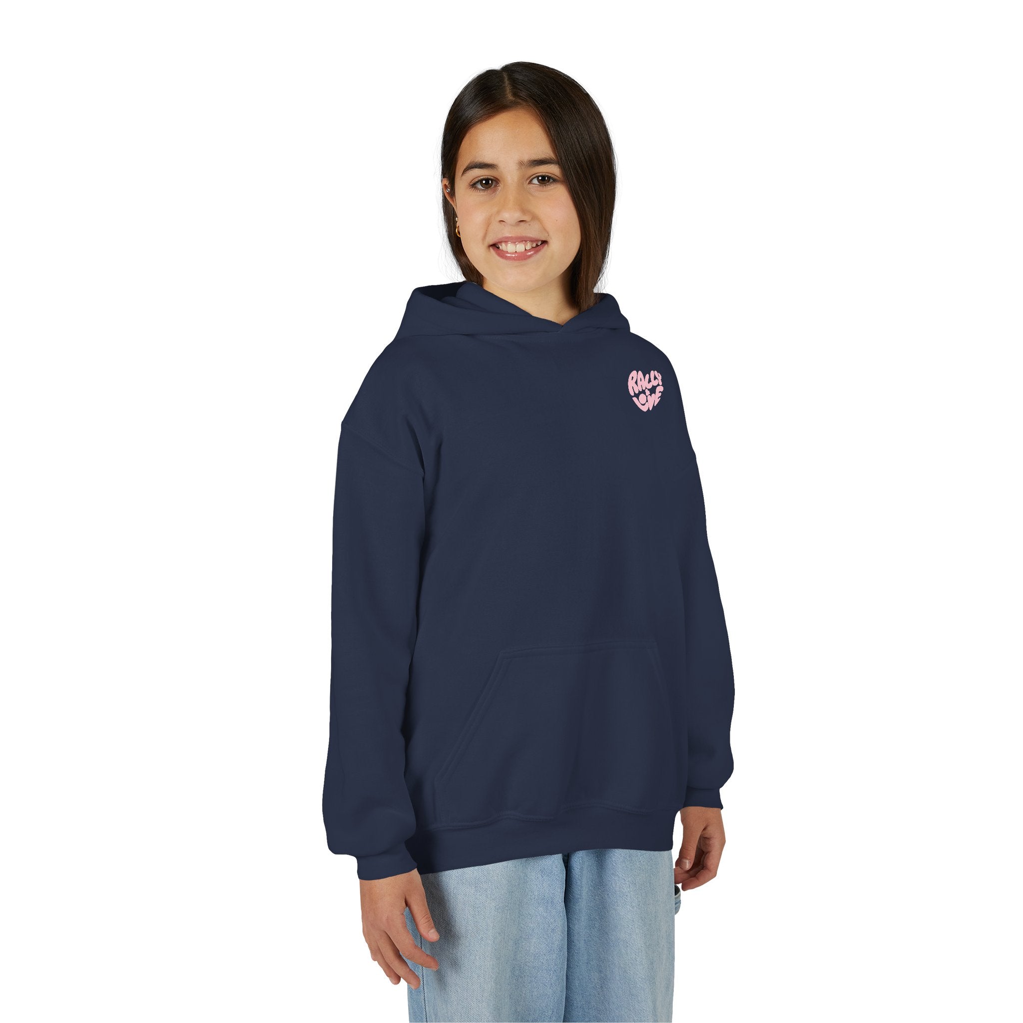 Girl's Junior Hoodie sweatshirt — "Rally & Love" Heart Chest Tennis Graphic Sweatshirt (Pink logo)