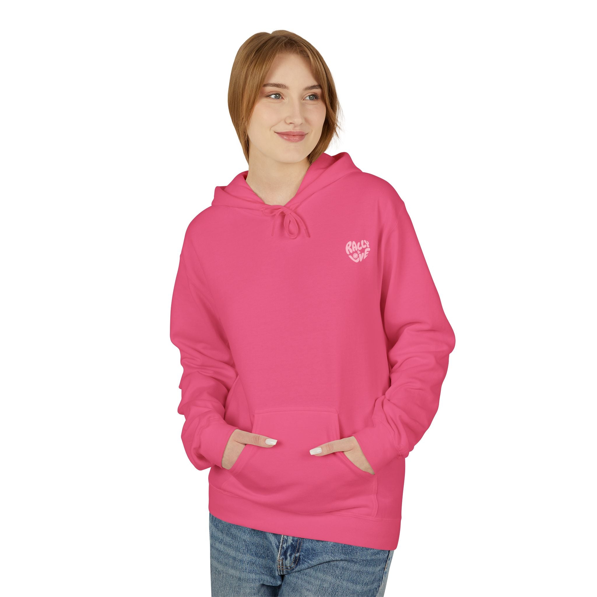 Women's Softstyle Fleece Hoodie sweatshirt - 'Rally & Love' logo, minimalist (pink)
