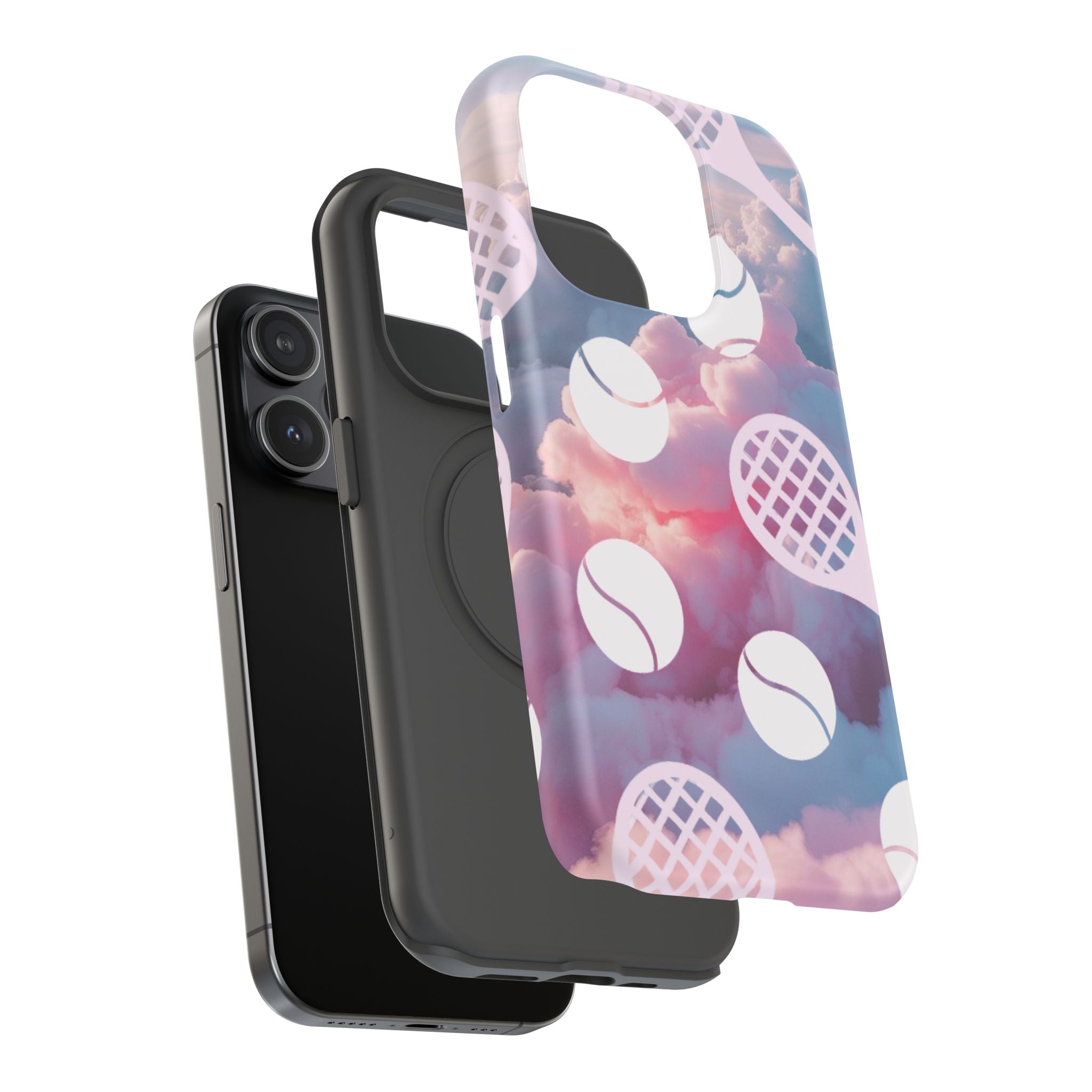 Tennis Impact-Resistant Phone Case — Tennis Rackets & Balls on Cloudscape