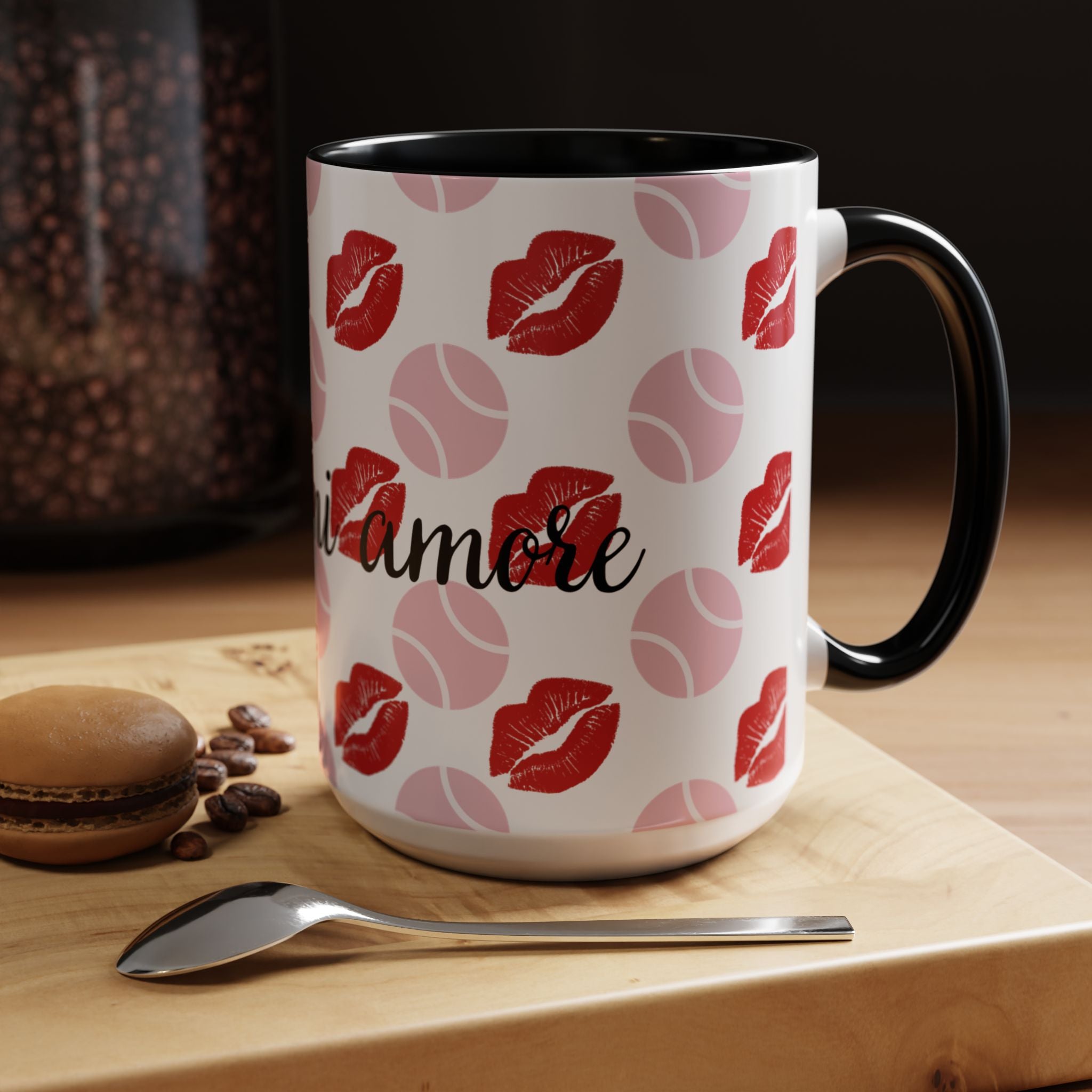 Tennis Kiss Accent Coffee Mug — 'Tennis mi amore' Pink Lip & Ball Pattern (11/15oz)