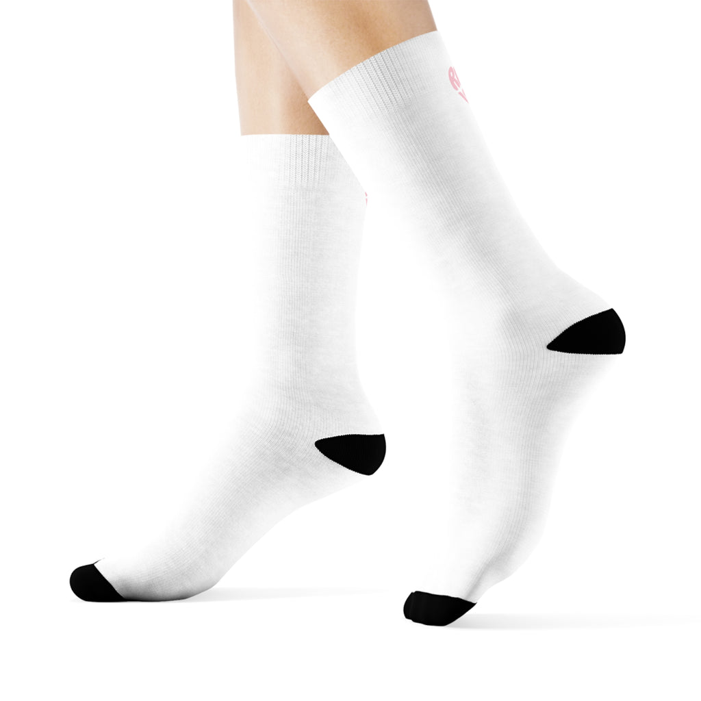Women's Socks — White/'Rally & Love' Pink Heart Graphic Cotton Crew Socks