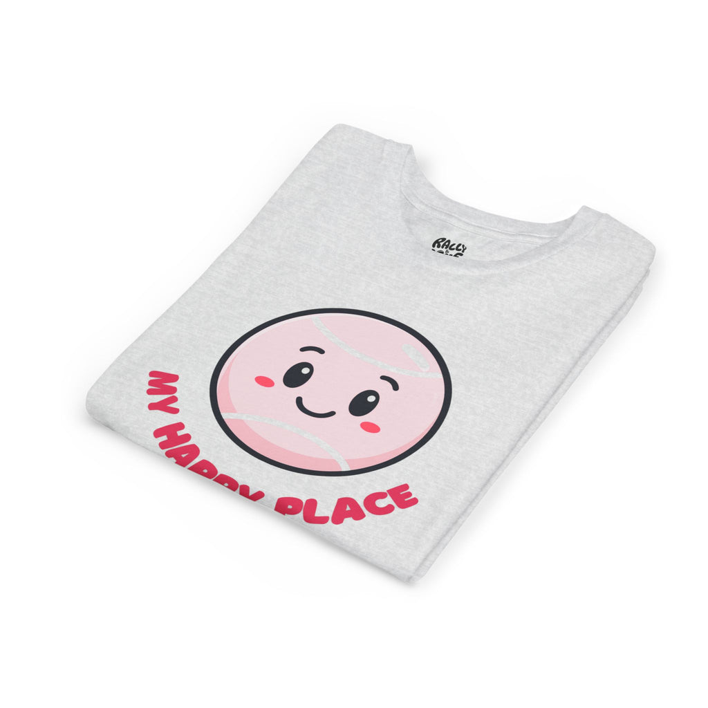 Girl's Junior Tee — Cute Smiling Tennis Ball "My Happy Place" Kids Shirt