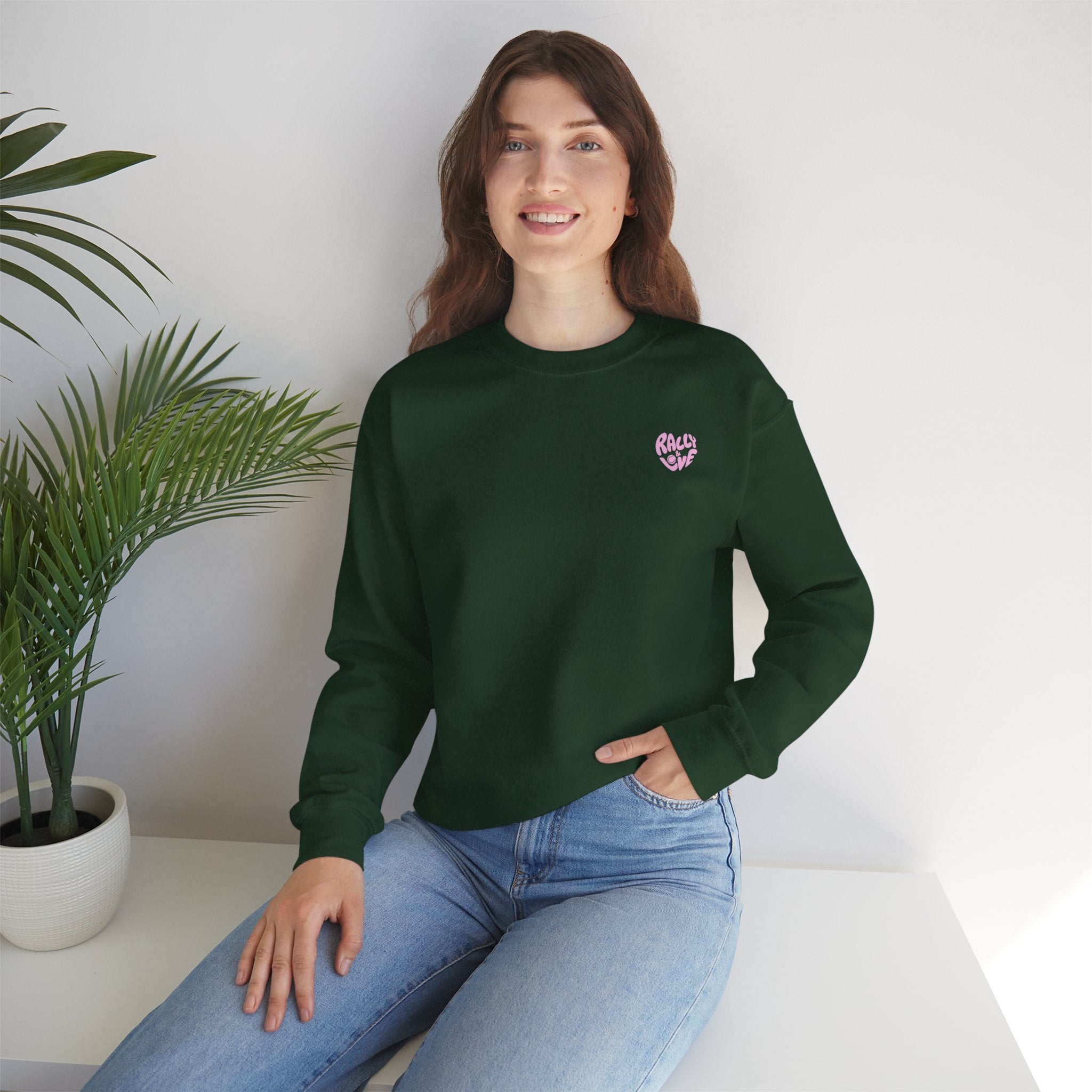 Women's Crewneck Sweatshirt — "Rally & Love" logo Chest Sweatshirt (bubblegum pink)