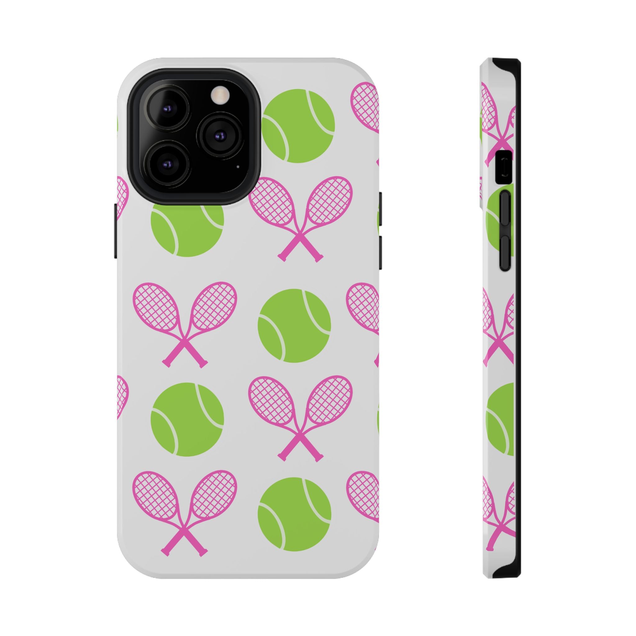 Tennis Pattern Impact-Resistant Phone Case — Pink Rackets & Green Balls