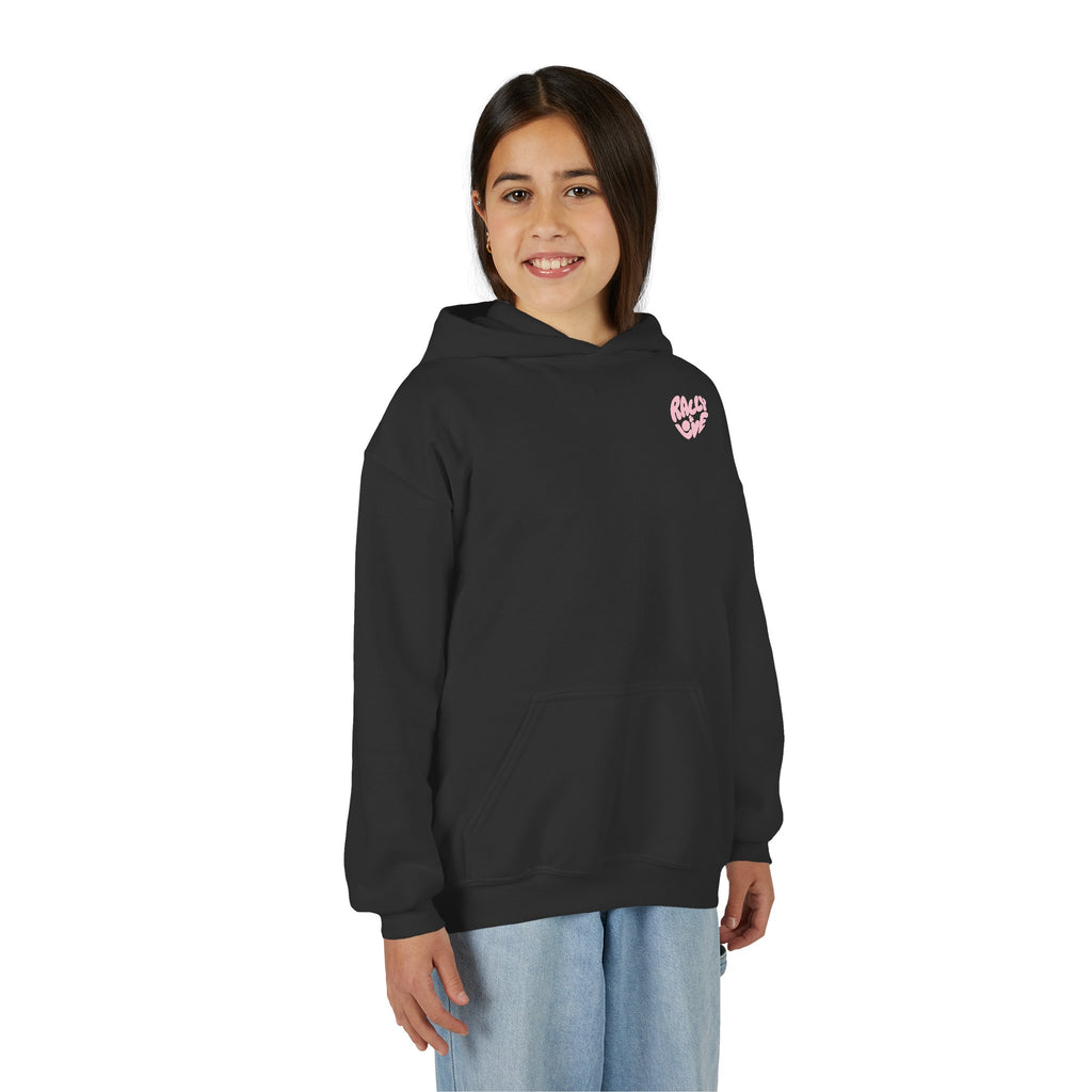 Girl's Junior Hoodie sweatshirt — "Rally & Love" Heart Chest Tennis Graphic Sweatshirt (Pink logo)