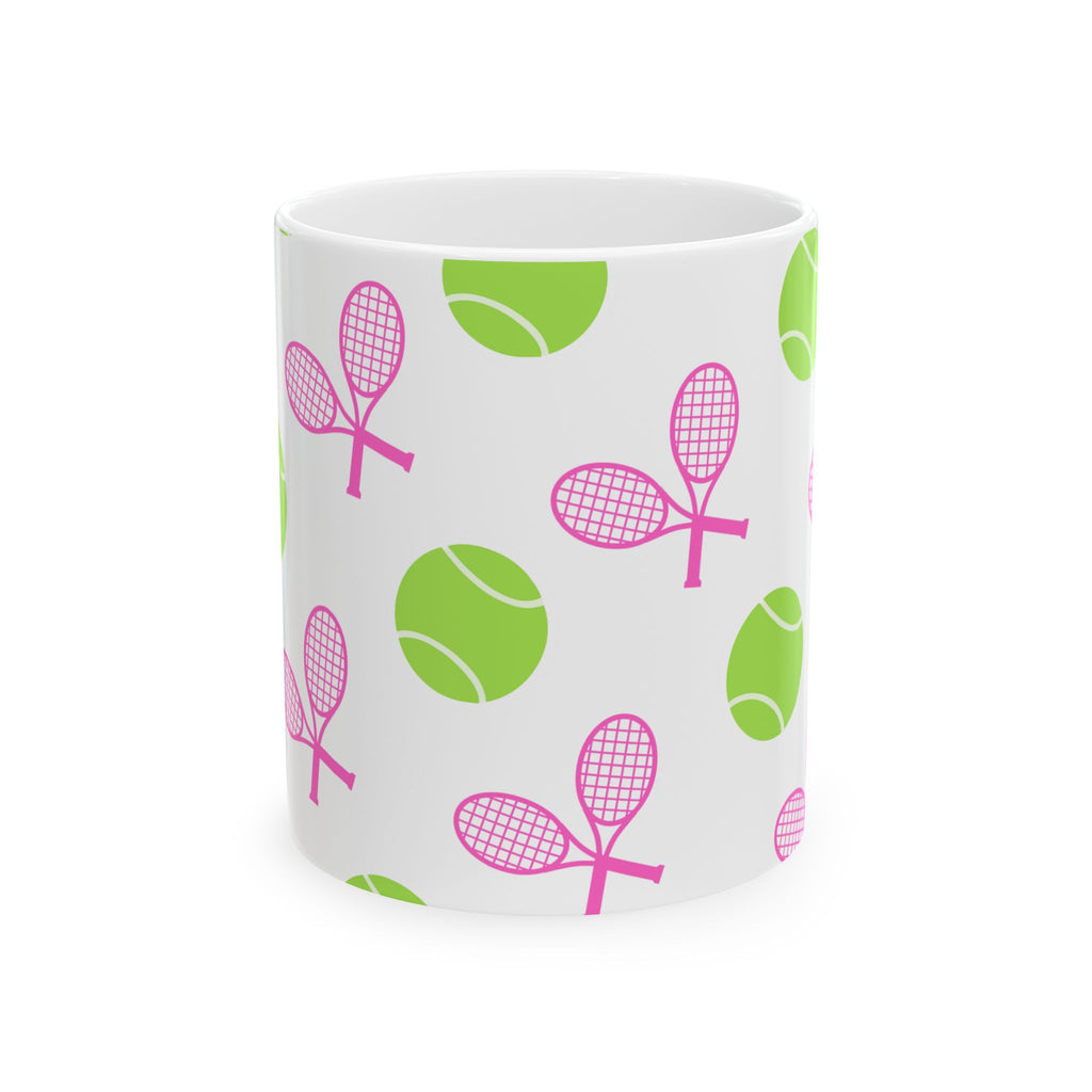 Pink/Green Tennis Racket & Ball Ceramic Mug — 11oz/15oz Sports Gift