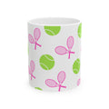 Pink/Green Tennis Racket & Ball Ceramic Mug — 11oz/15oz Sports Gift