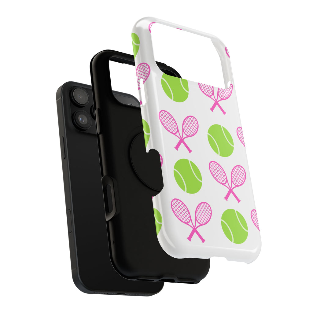 Tennis Pattern Impact-Resistant Phone Case — Pink Rackets & Green Balls
