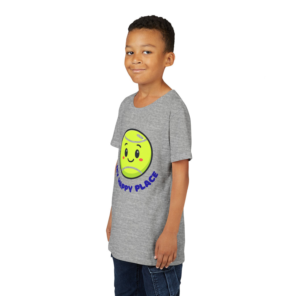 Boy's Junior Tee — Cute Smiling Tennis Ball "My Happy Place" Kids Shirt