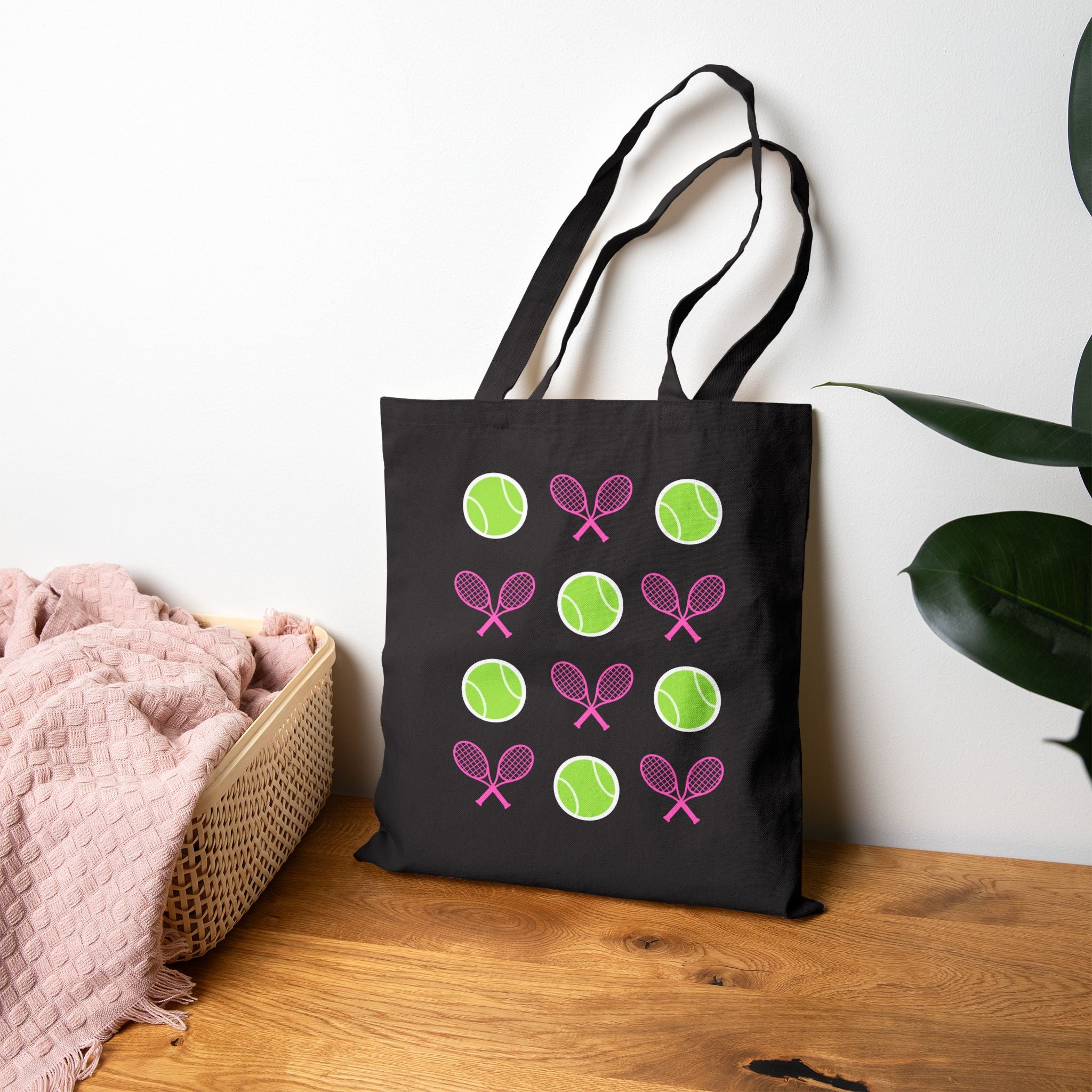 Tote Bag — Pink Tennis Rackets & Green Tennis Balls Canvas Tote