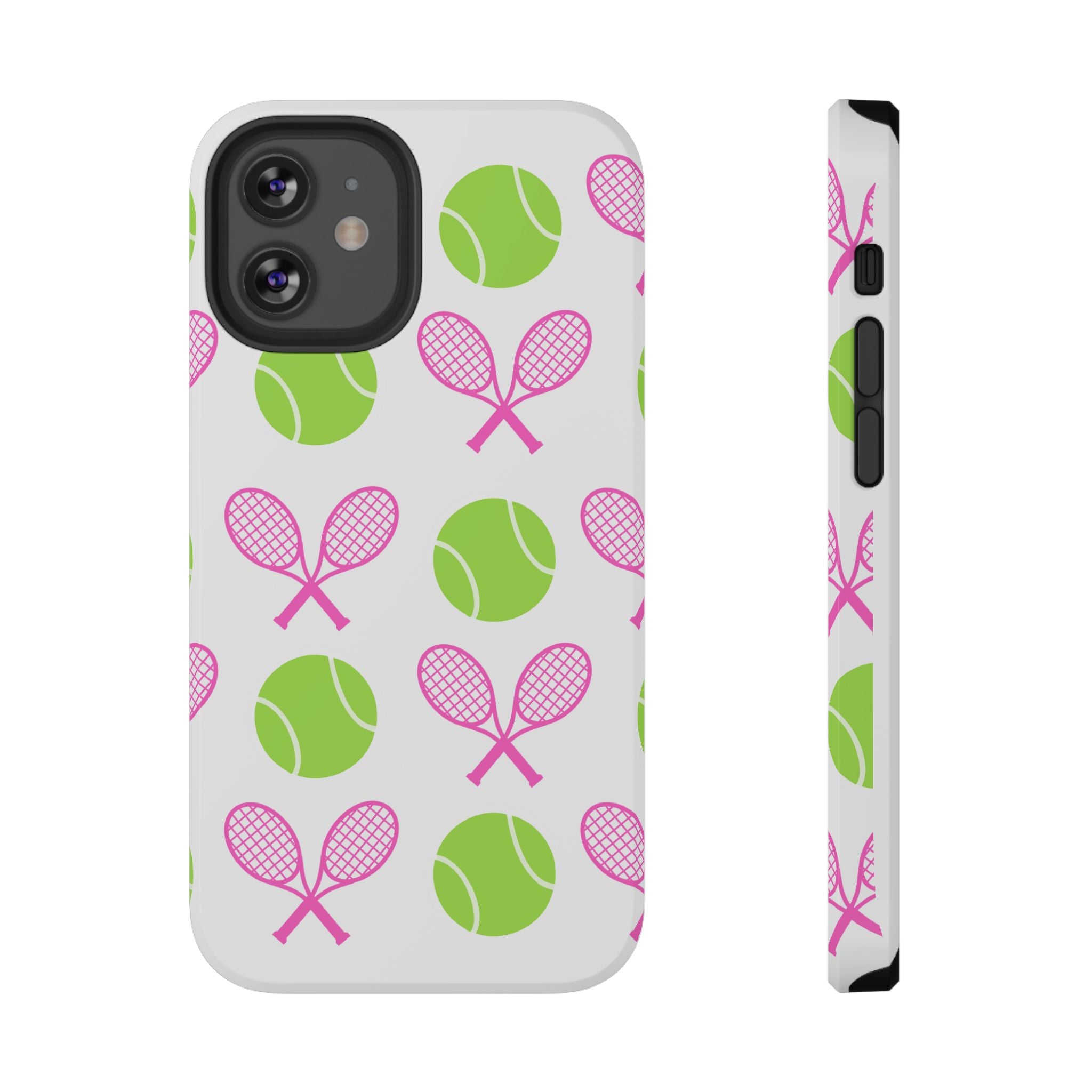 Tennis Pattern Impact-Resistant Phone Case — Pink Rackets & Green Balls